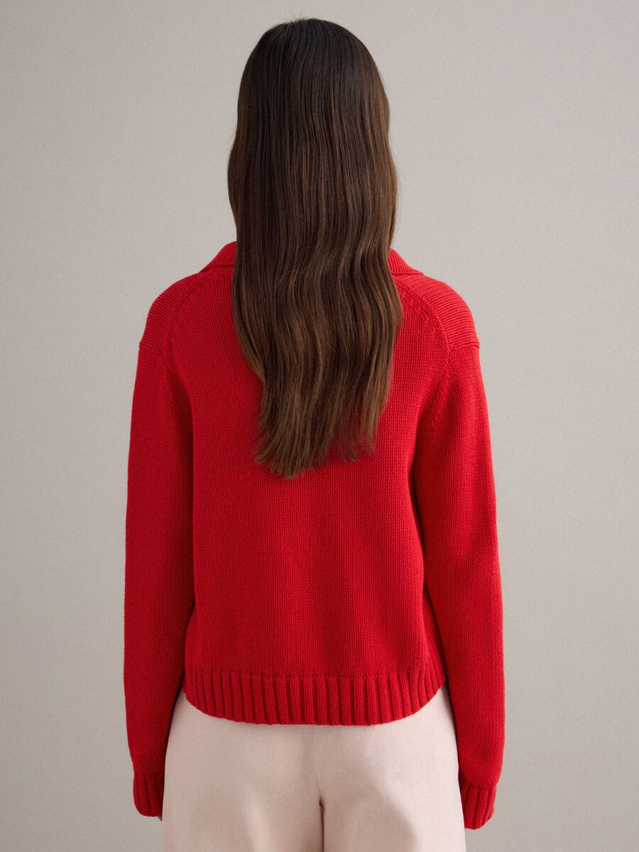 Regular Fit Red Cotton Cardigan with Polo Collar_3