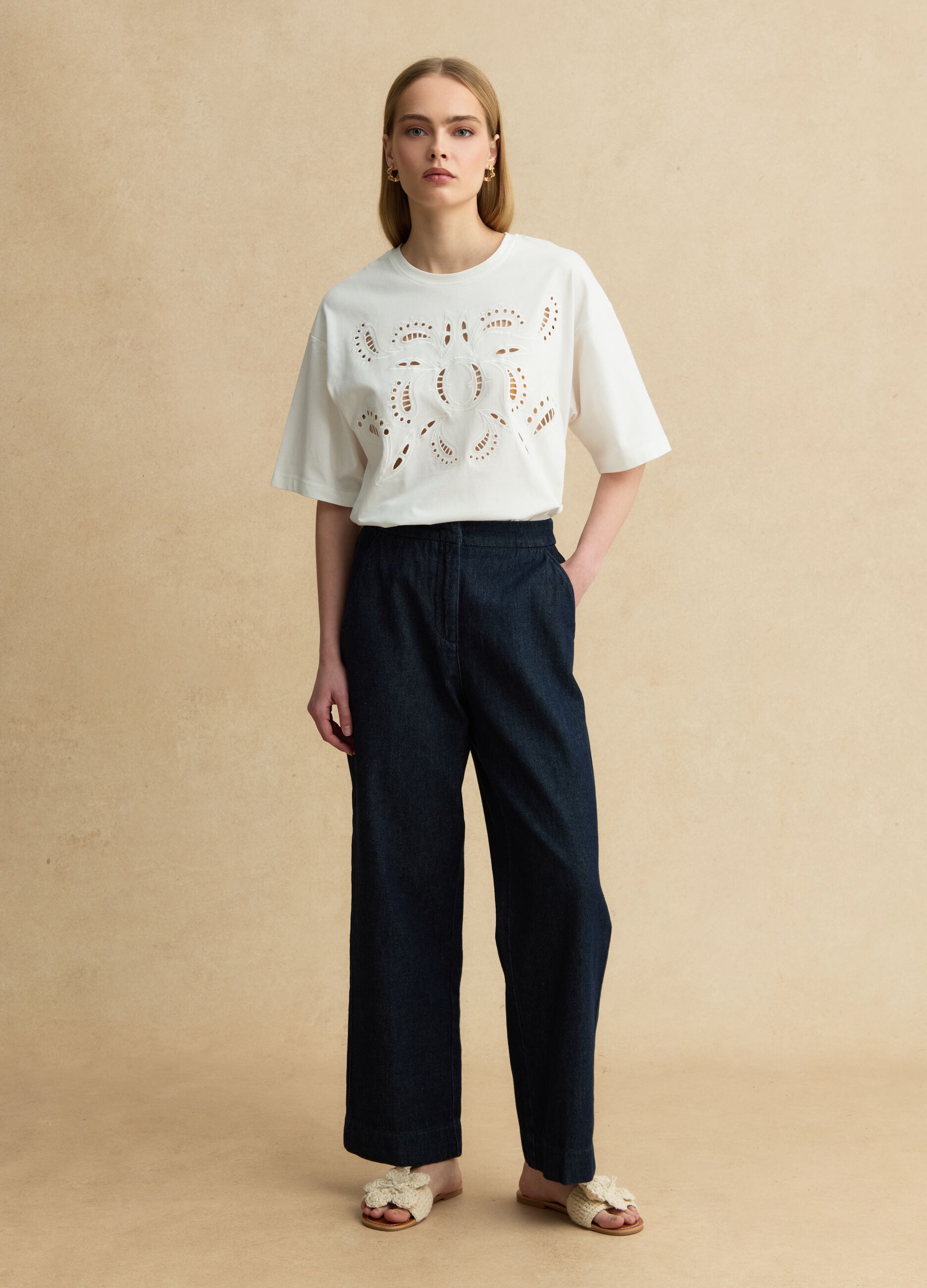 White pure cotton regular-fit T-shirt with broderie anglaise embroidery
