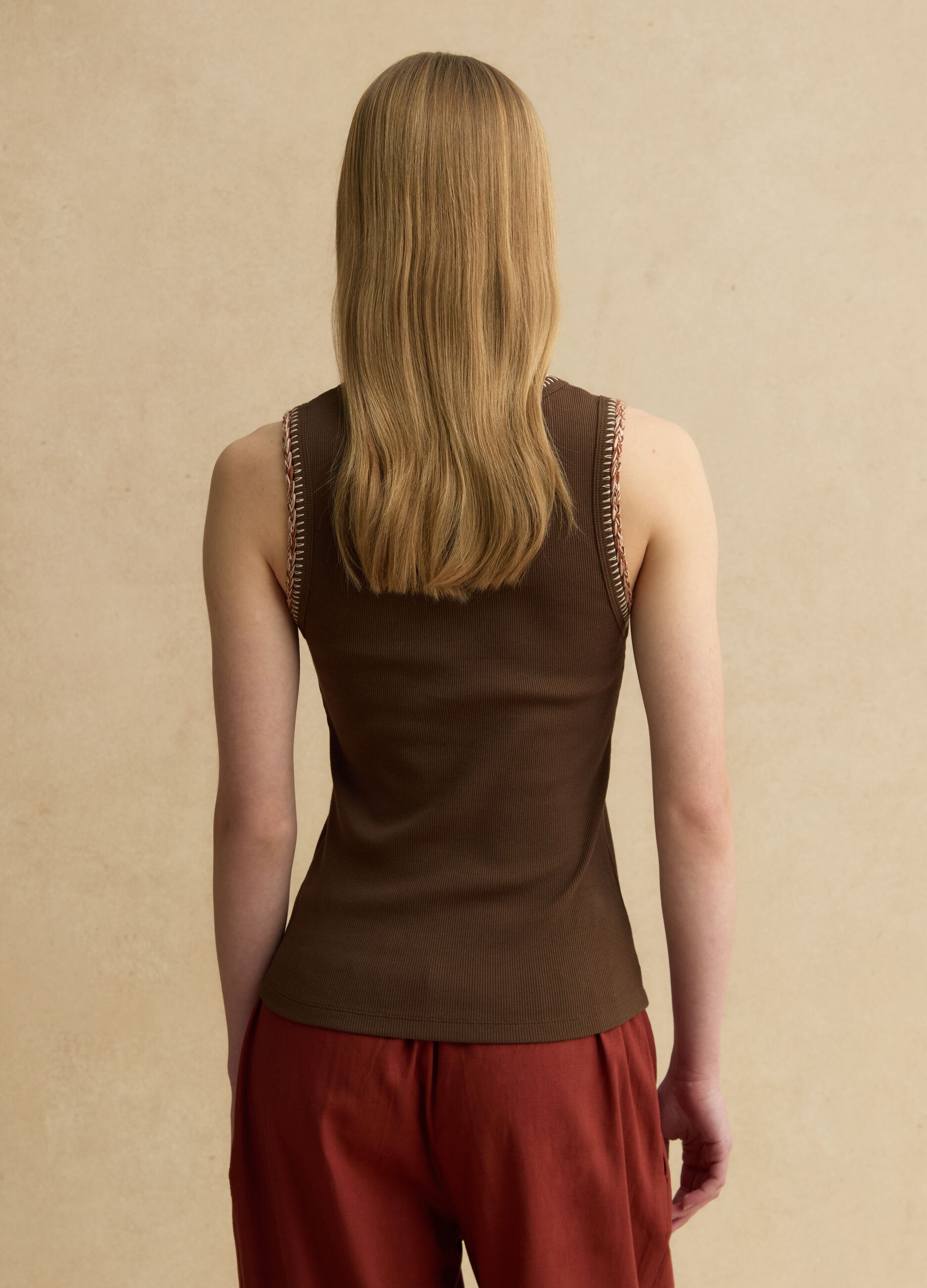 Brown Stretch Cotton Tank Top with Regular Fit and Embroidered Edges