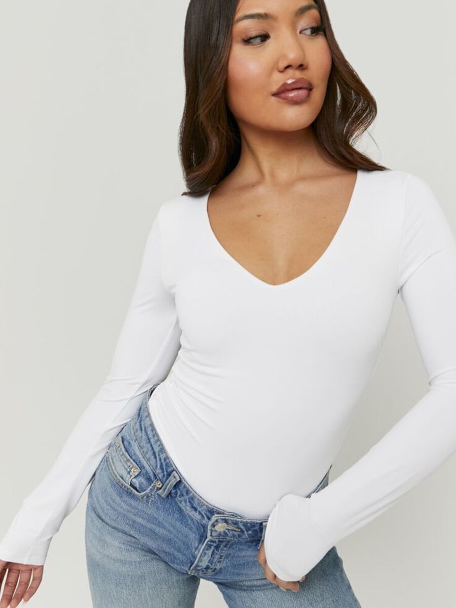 White long-sleeved deep V-neck T-shirt in pure cotton, regular fit_1