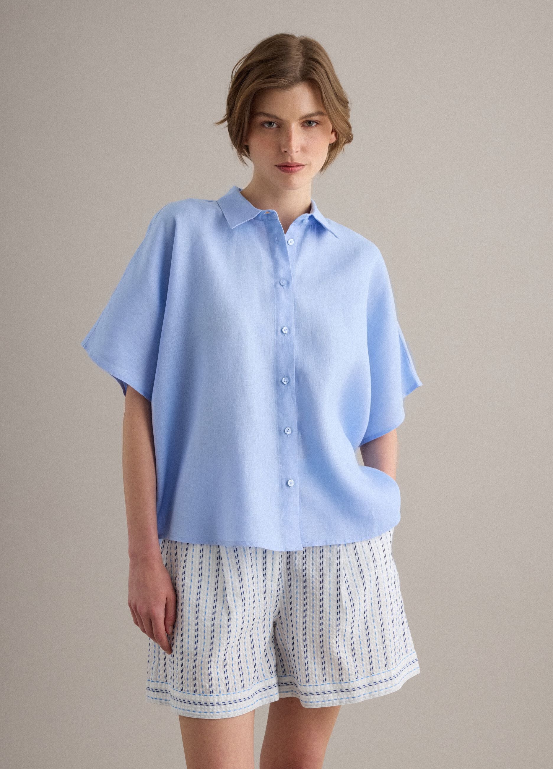 Light blue pure linen regular-fit shirt