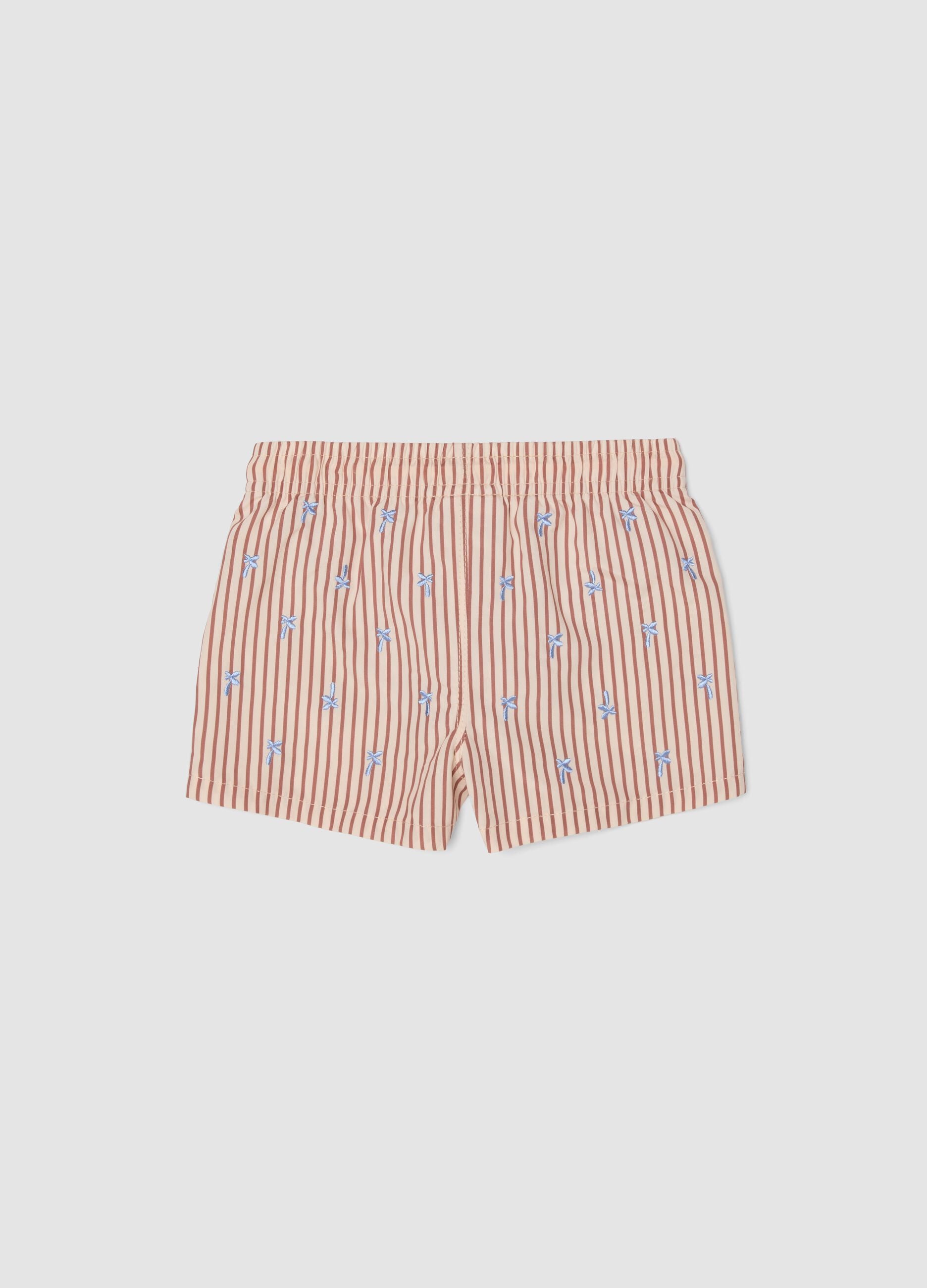 Brown striped boys&rsquo; swim boxer shorts with palm embroidery