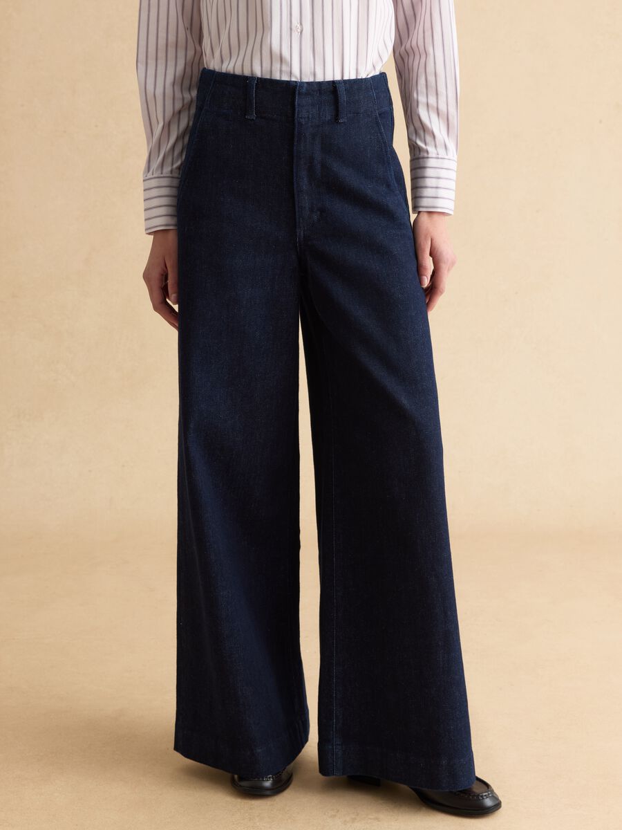 Blue stretch cotton wide leg trousers_1