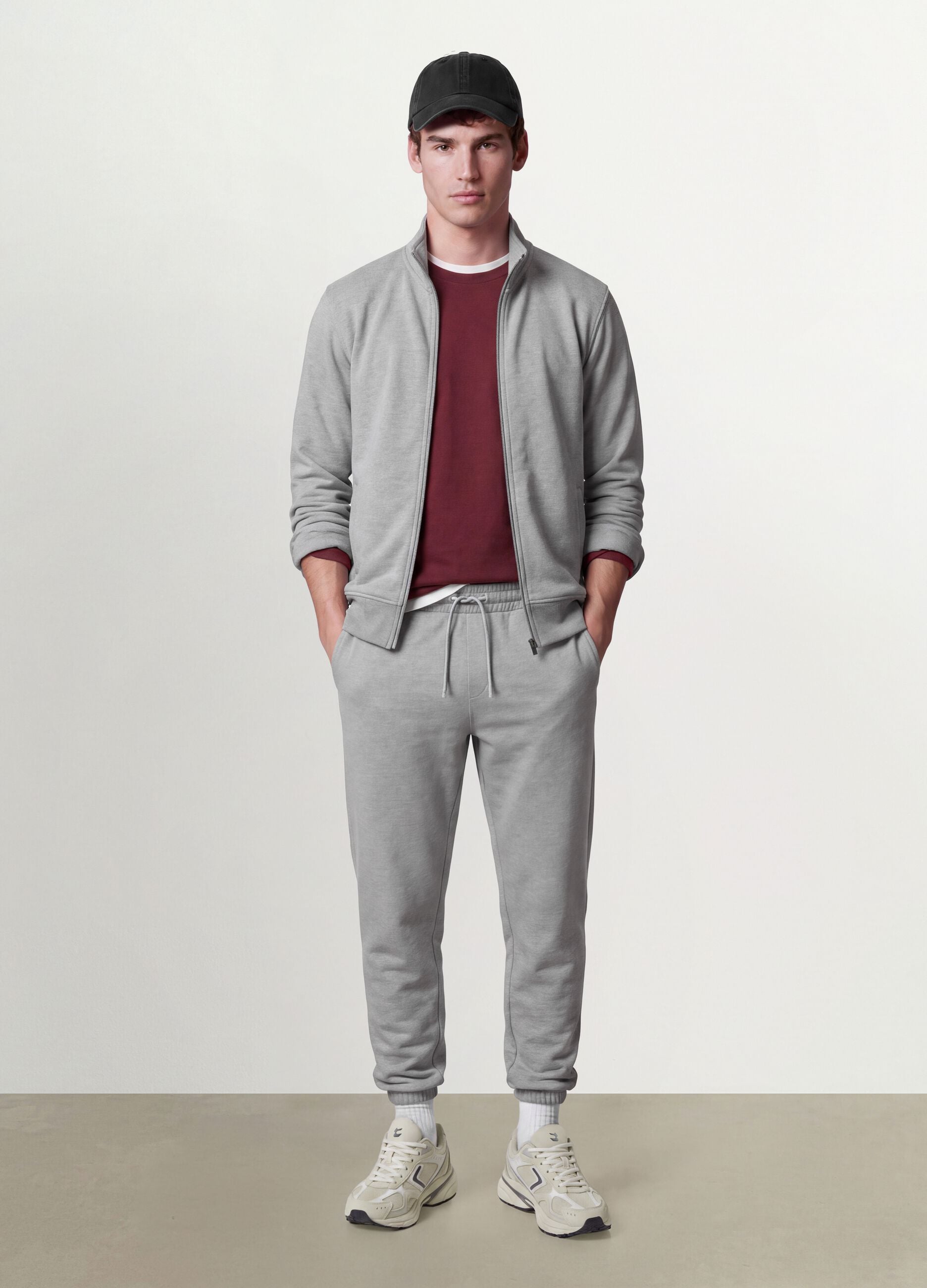 Grey cotton-blend sweatshirt with crew neck and zip, regular fit