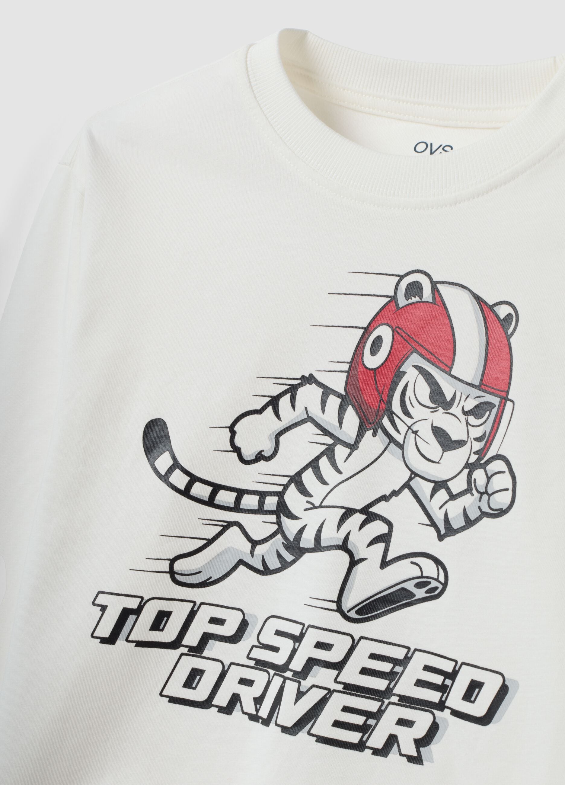 White pure cotton crew-neck T-shirt with Top Speed Driver print