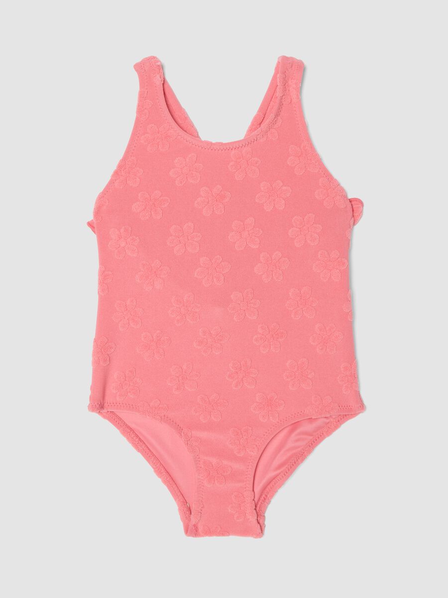 Costume intero rosa in tessuto elasticizzato da neonata con fiori_0