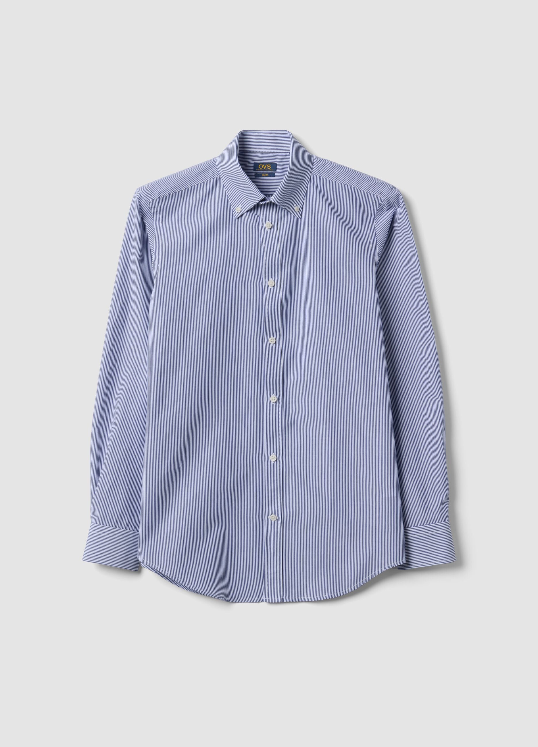 Blue striped cotton-blend button-down shirt, easy iron, slim fit
