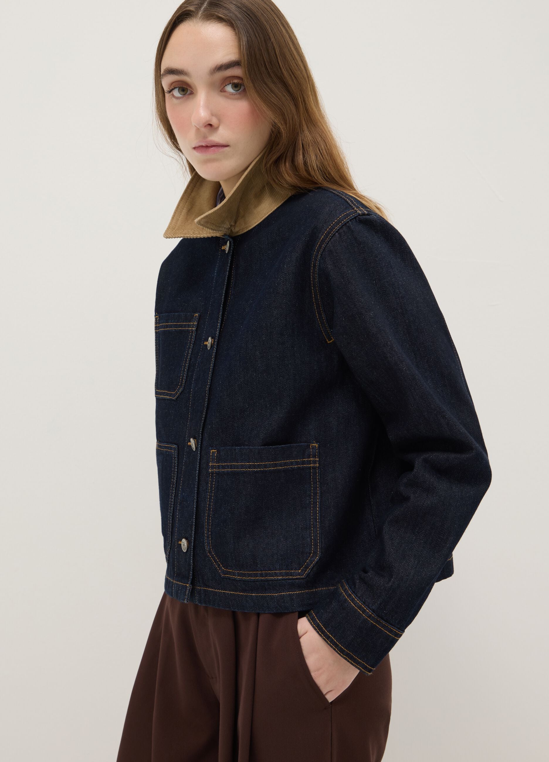 Pure cotton blue regular fit jacket with contrasting collar and pockets