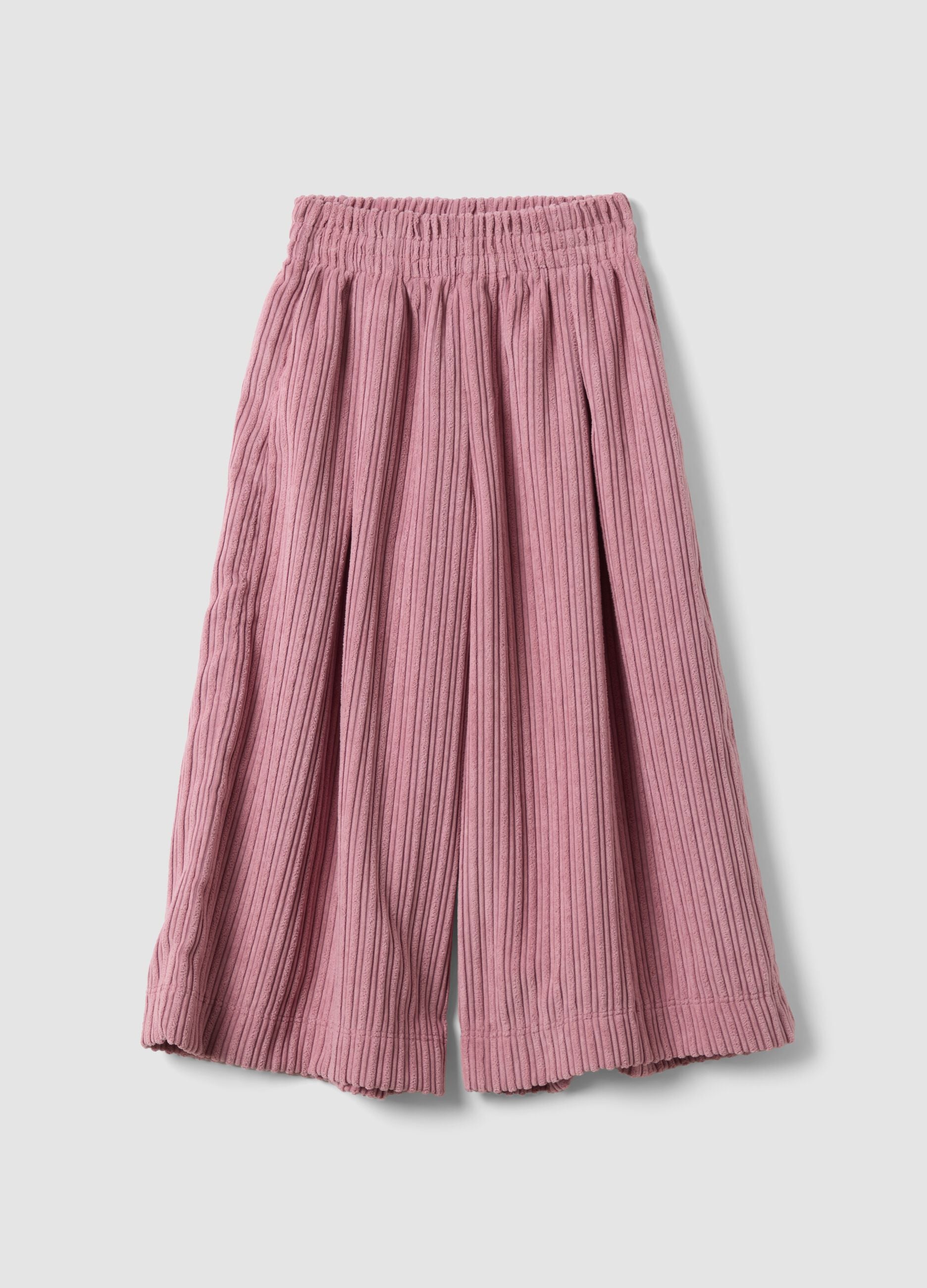Pink wide-leg ribbed trousers with elasticated waistband