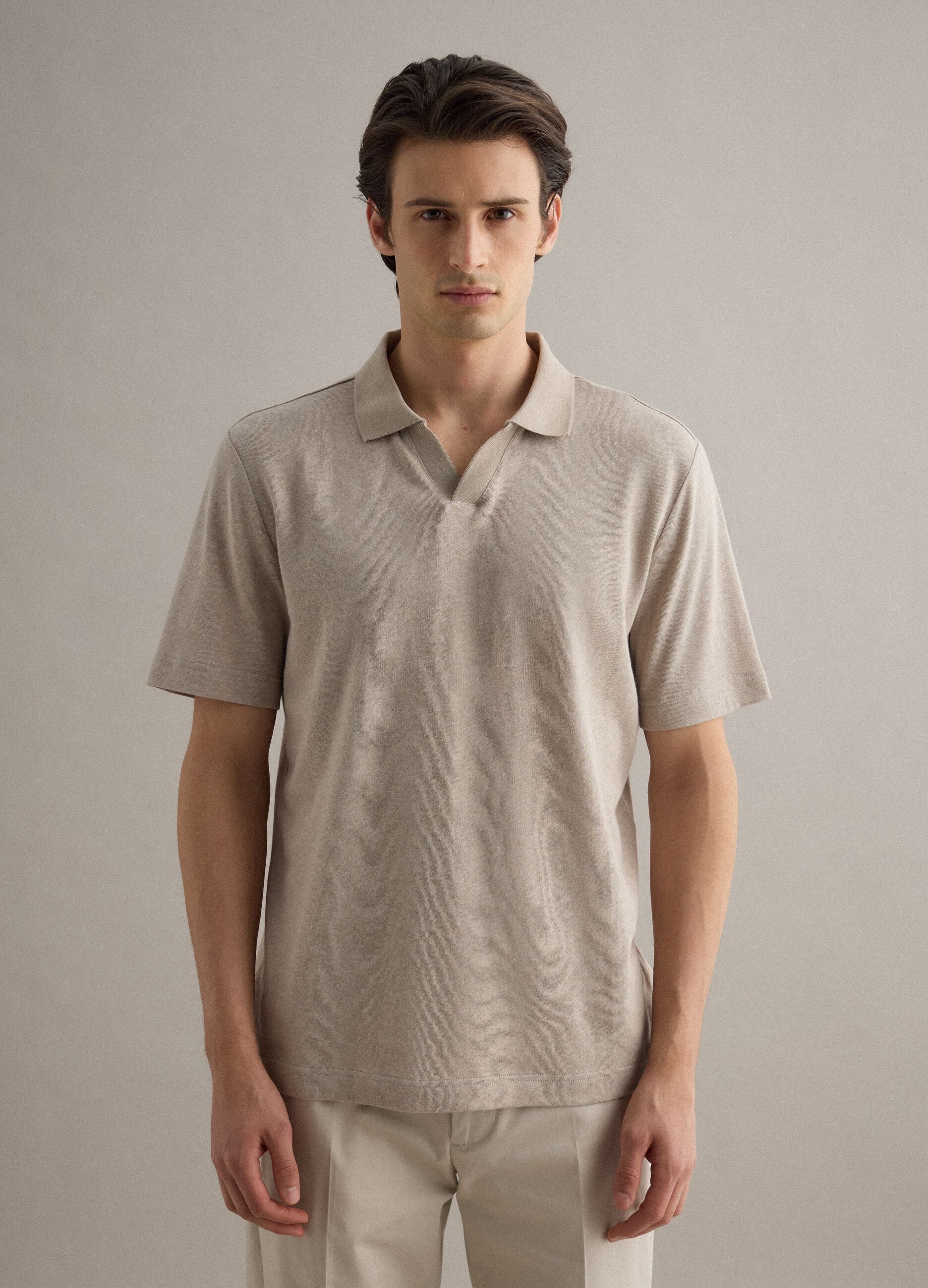 Beige linen and cotton blend polo regular fit
