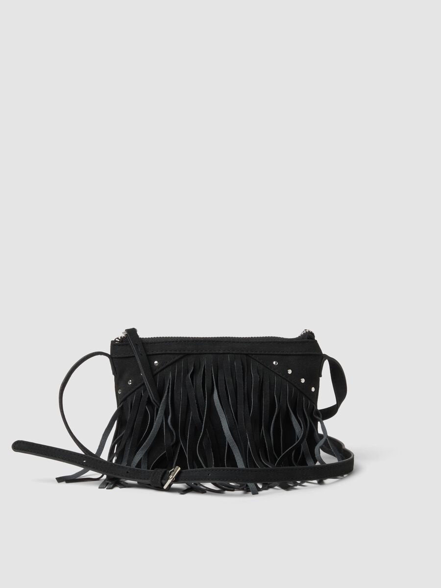 Black fringed and studded crossbody bag for girls_0