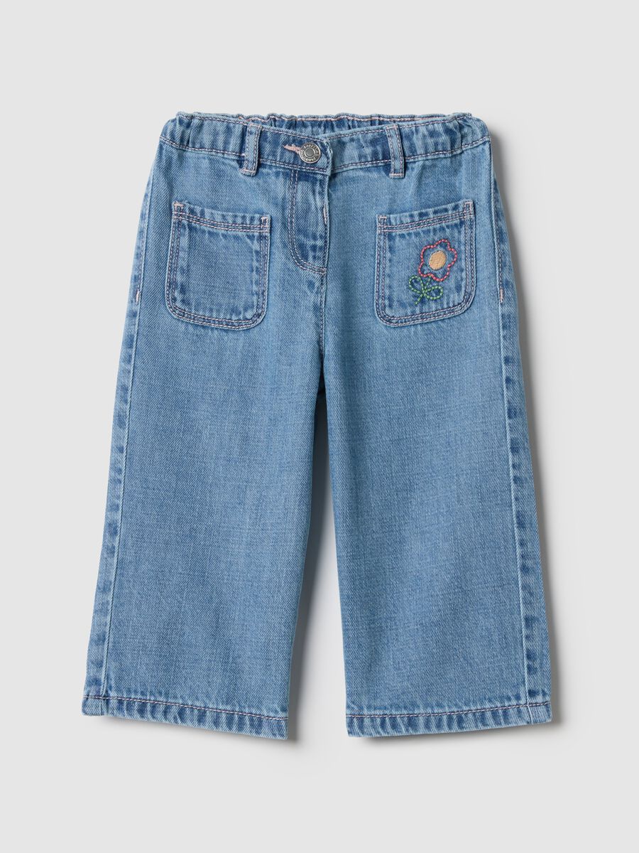 Pantaloni in misto cotone blu da bimba regular fit con ricami_0