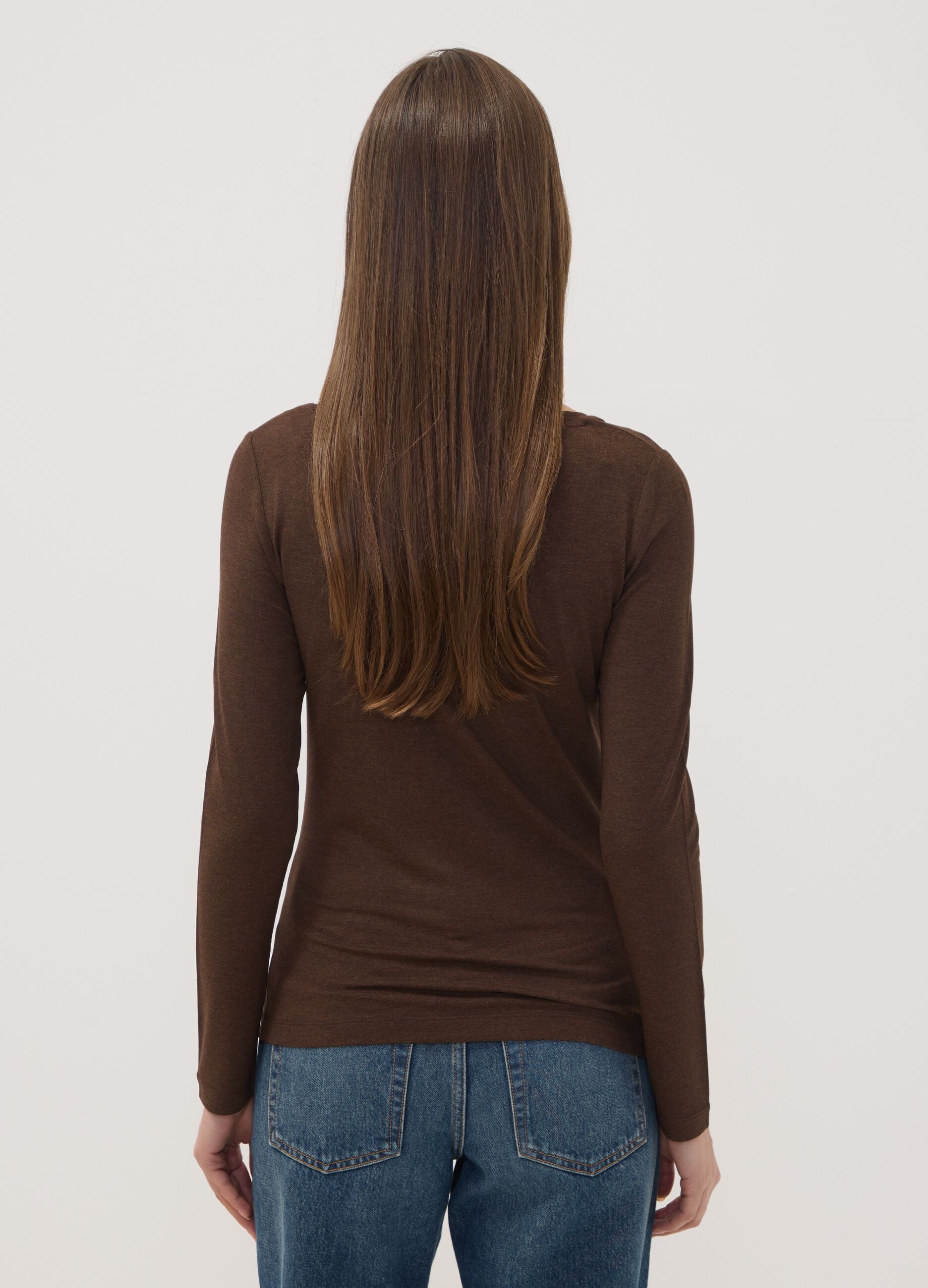 Brown stretch-viscose crew-neck slim-fit T-shirt