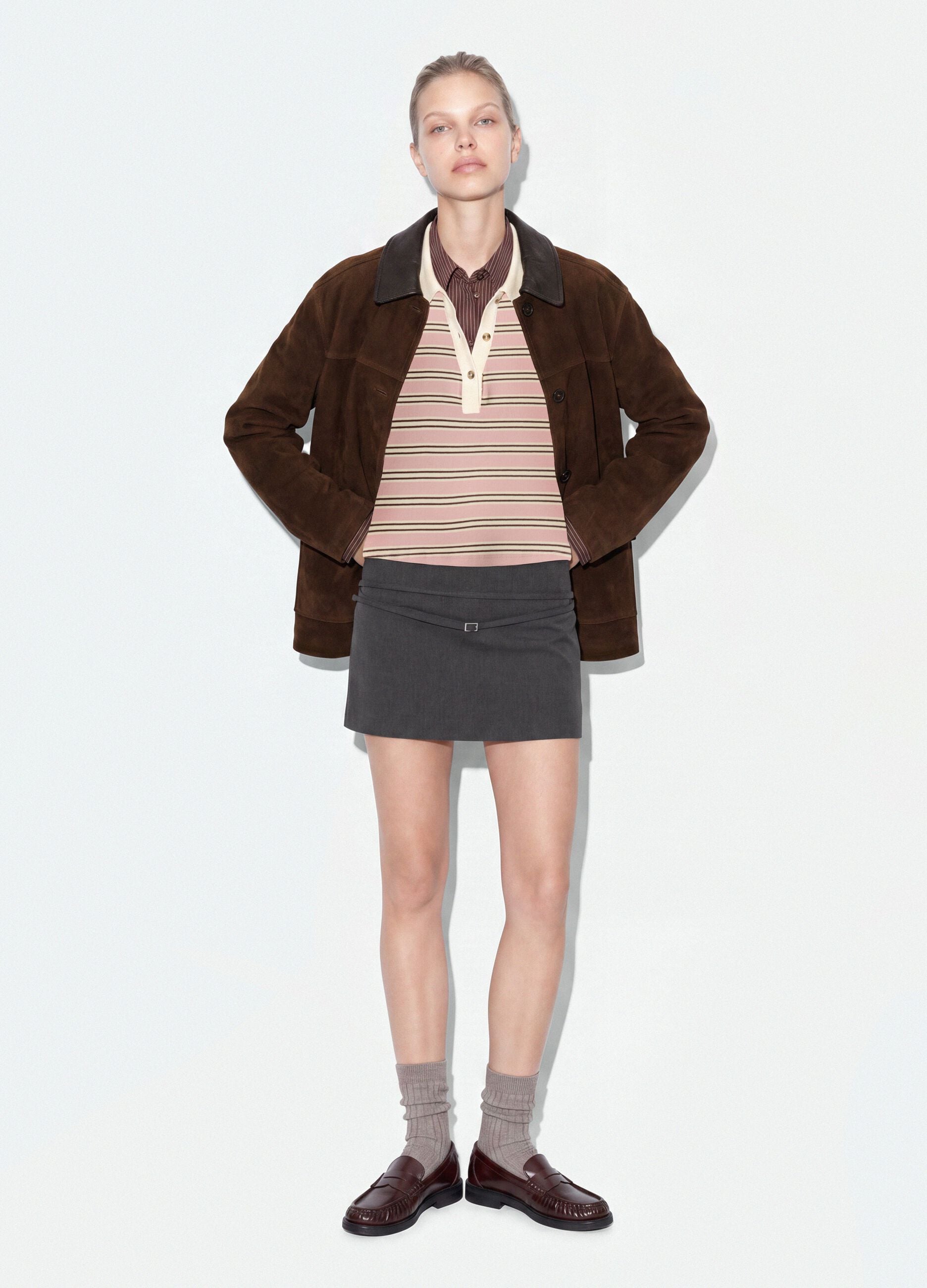 Brown regular-fit shacket with contrast collar