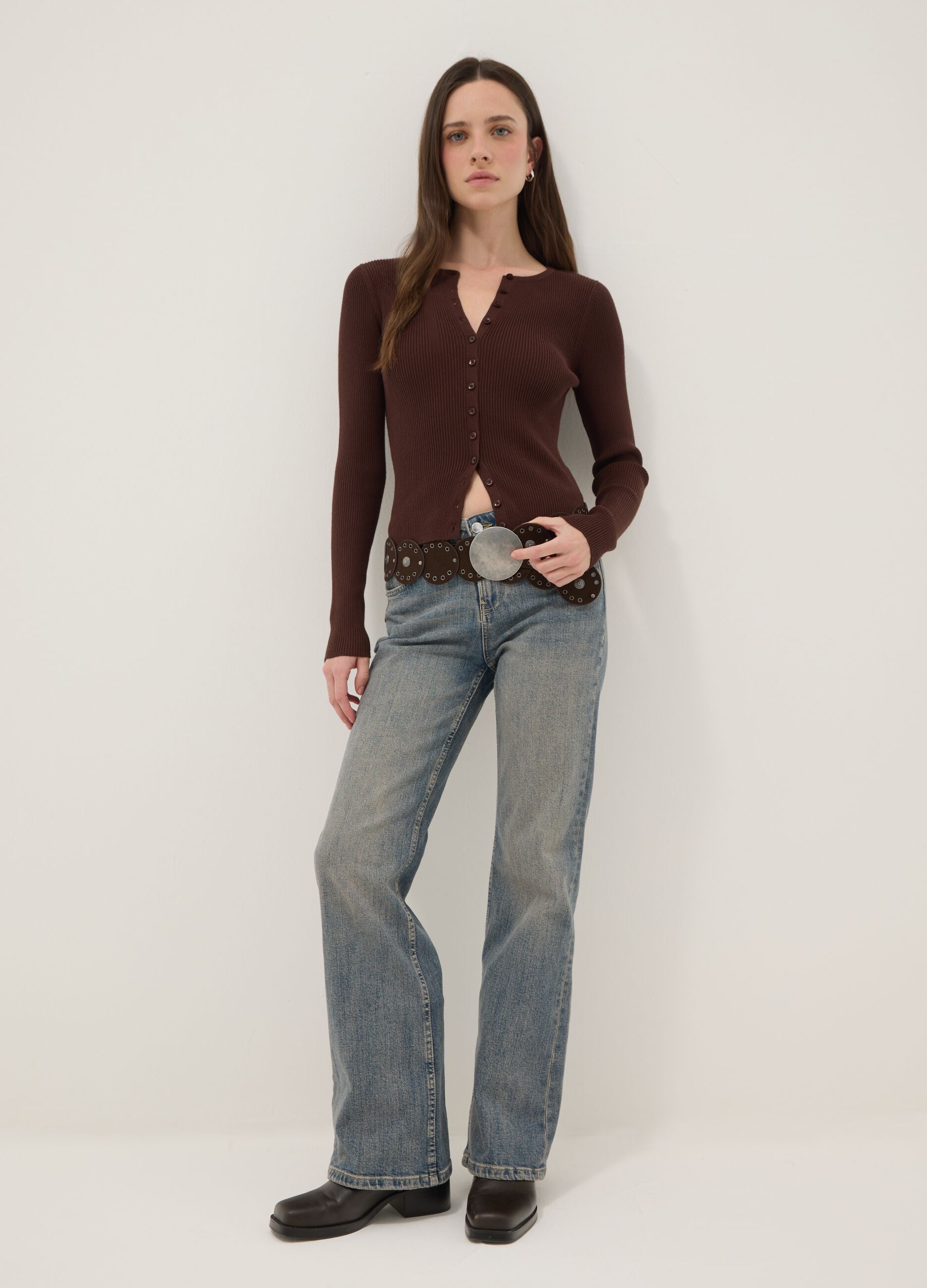 Brown viscose blend fitted cardigan