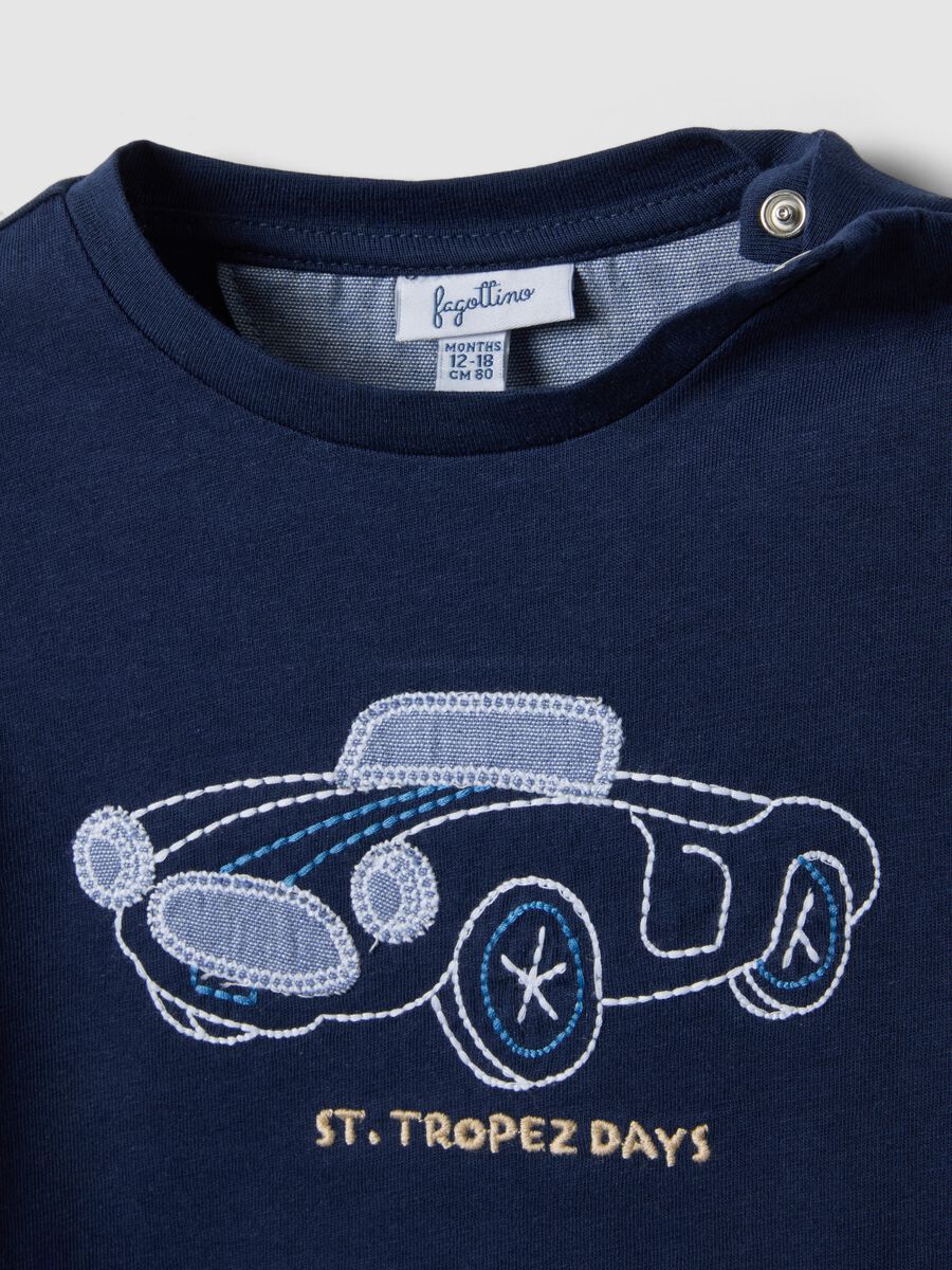 Blue pure cotton children's t-shirt regular fit with embroidered car_2