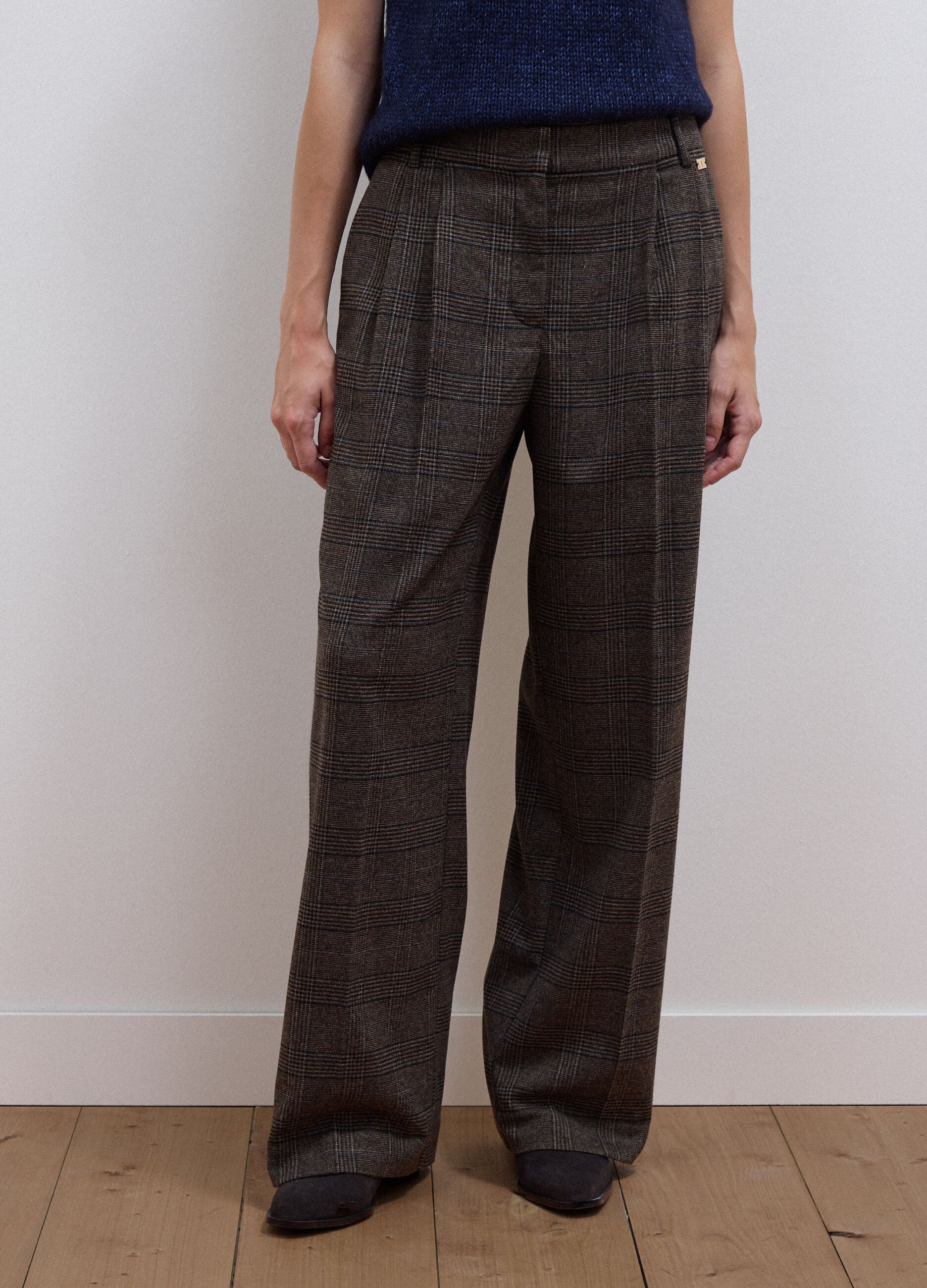 Brown wide-leg checked stretch-viscose trousers