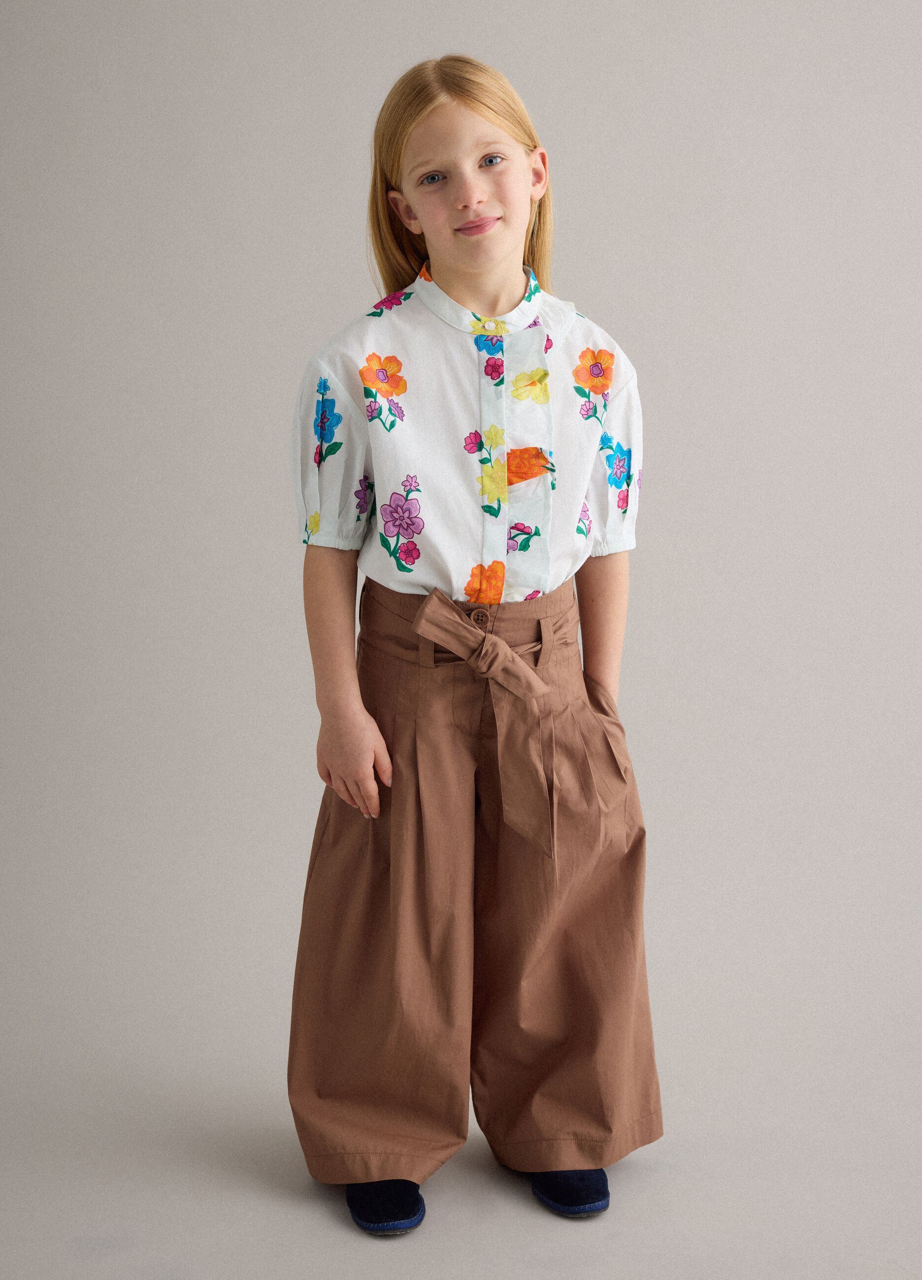 Girls' Brown Pure Cotton Wide Leg Trousers with Bow