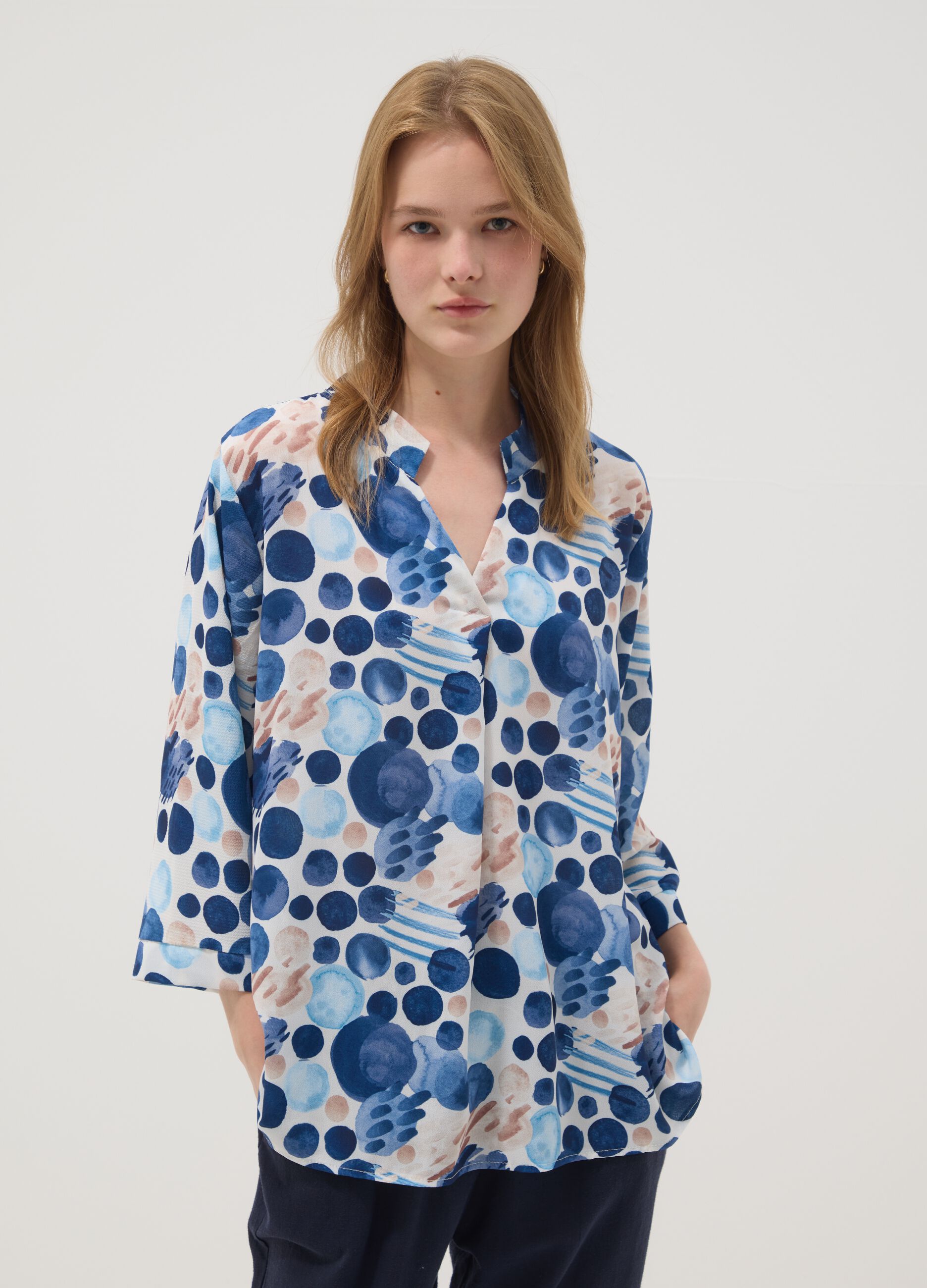 Blue patterned long-sleeve top