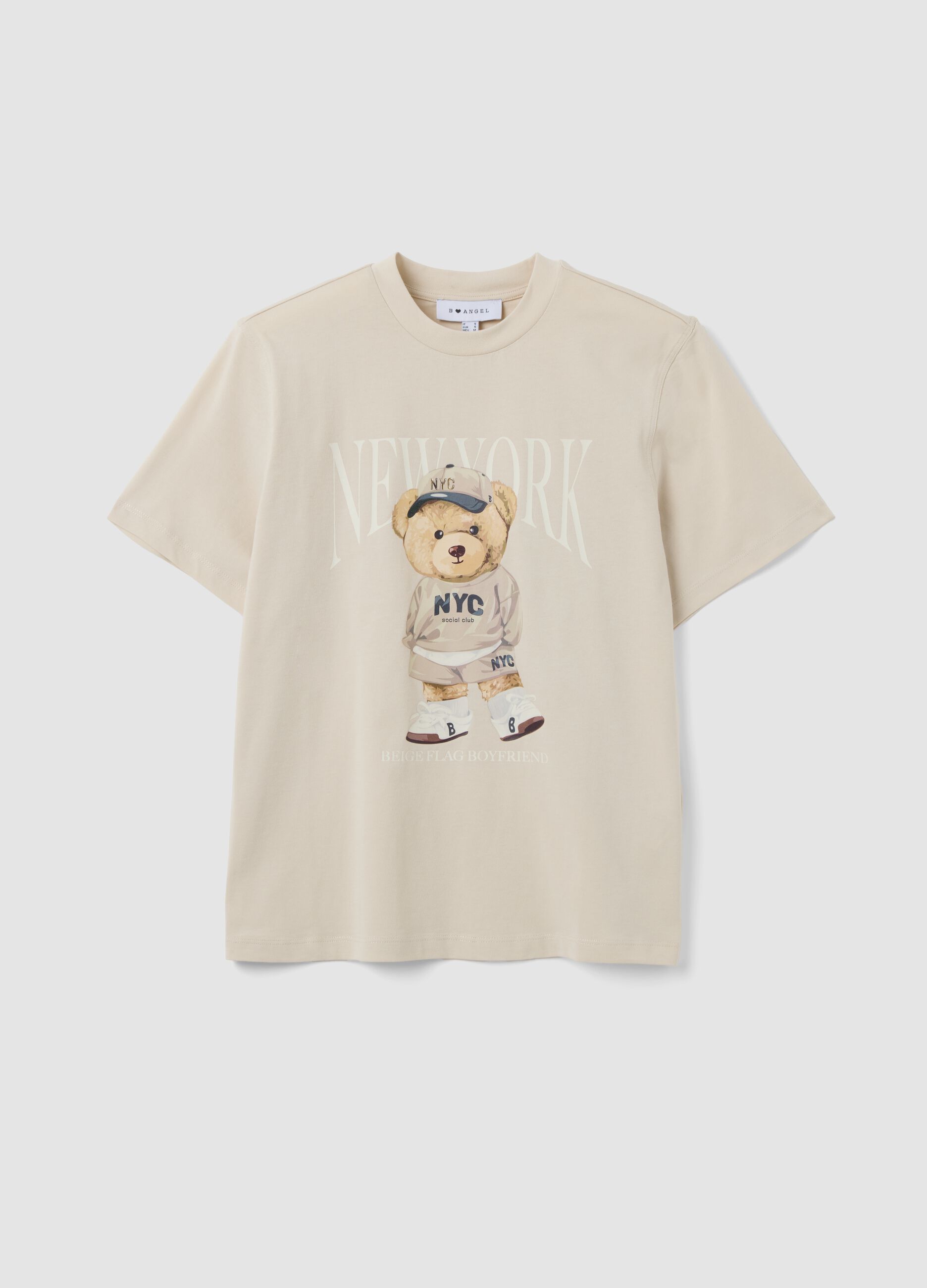 Beige relaxed-fit pure cotton T-shirt with teddy print