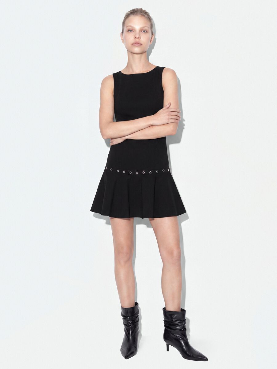 Black sleeveless stretch viscose dress with eyelet detail_0