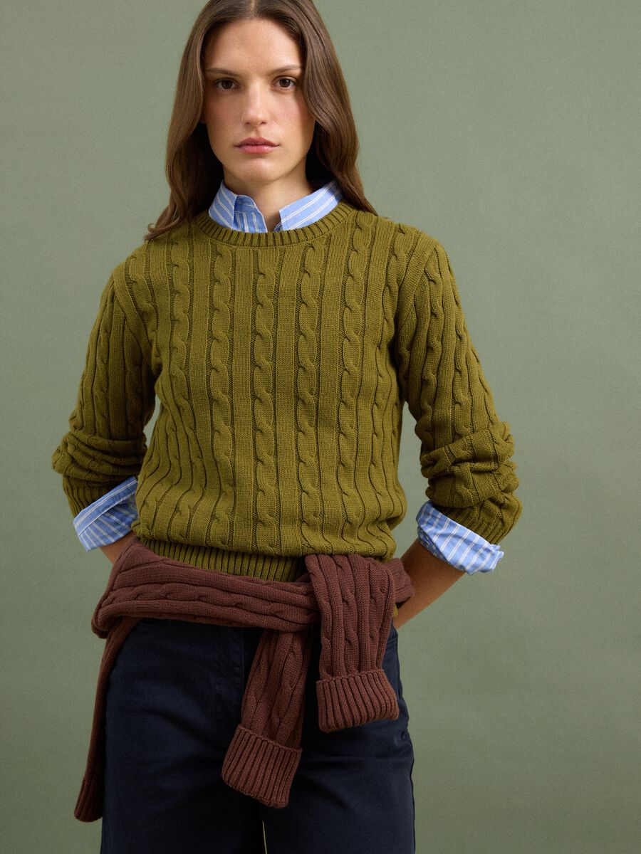Green pure cotton cable-knit crew-neck jumper_0