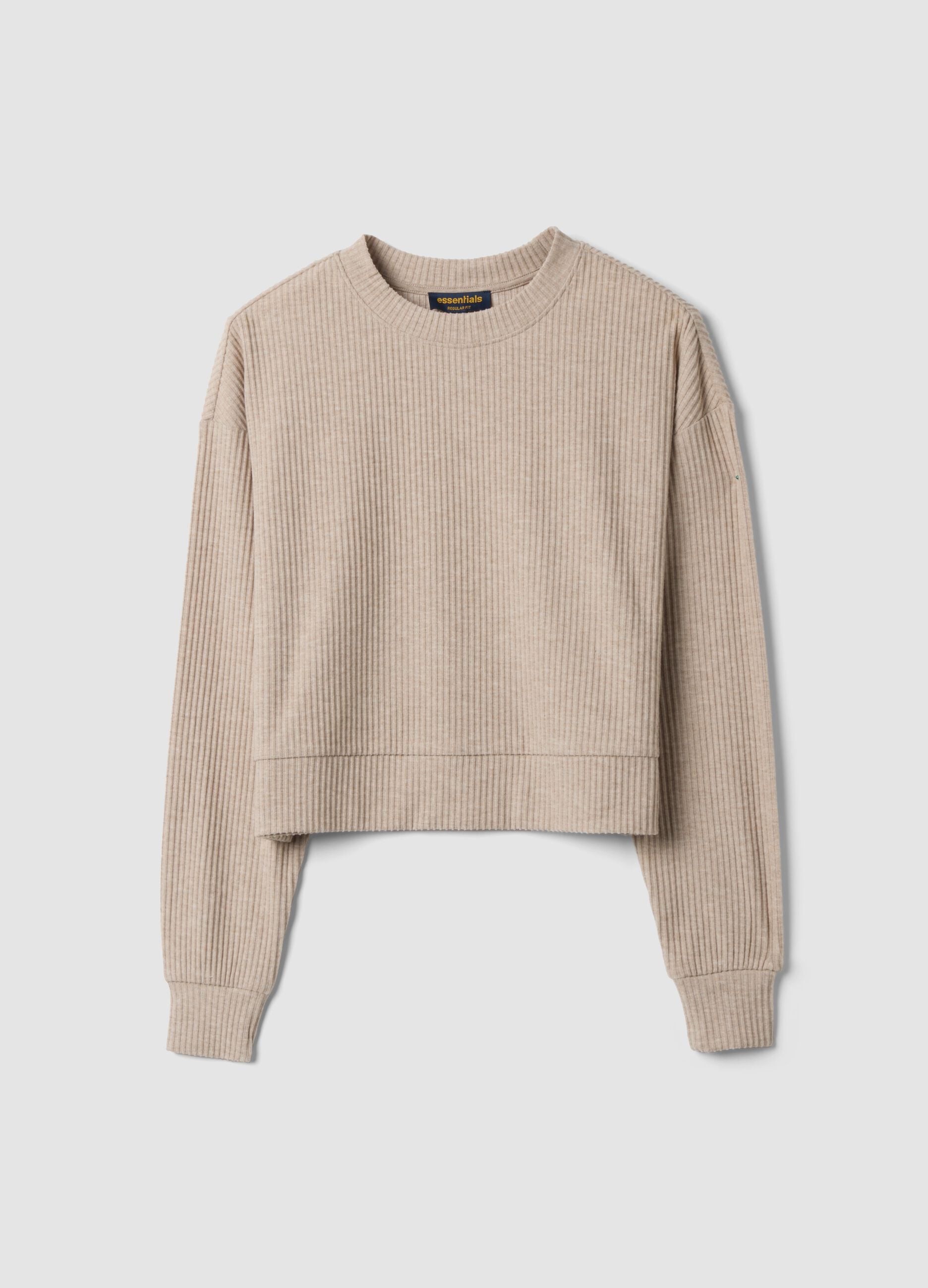 Beige ribbed stretch-viscose crew-neck T-shirt, regular fit