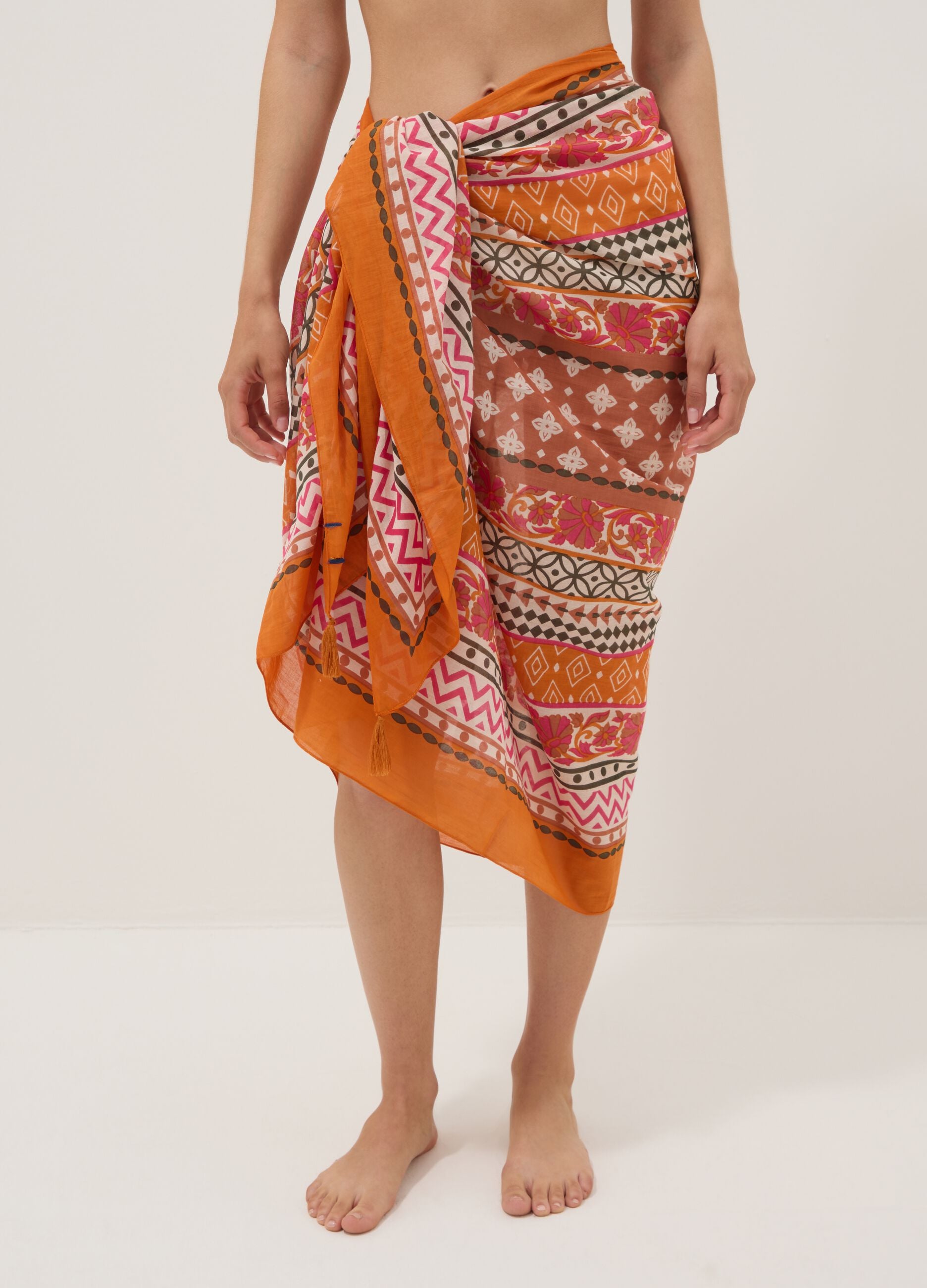 Orange pure cotton pareo with patterned print