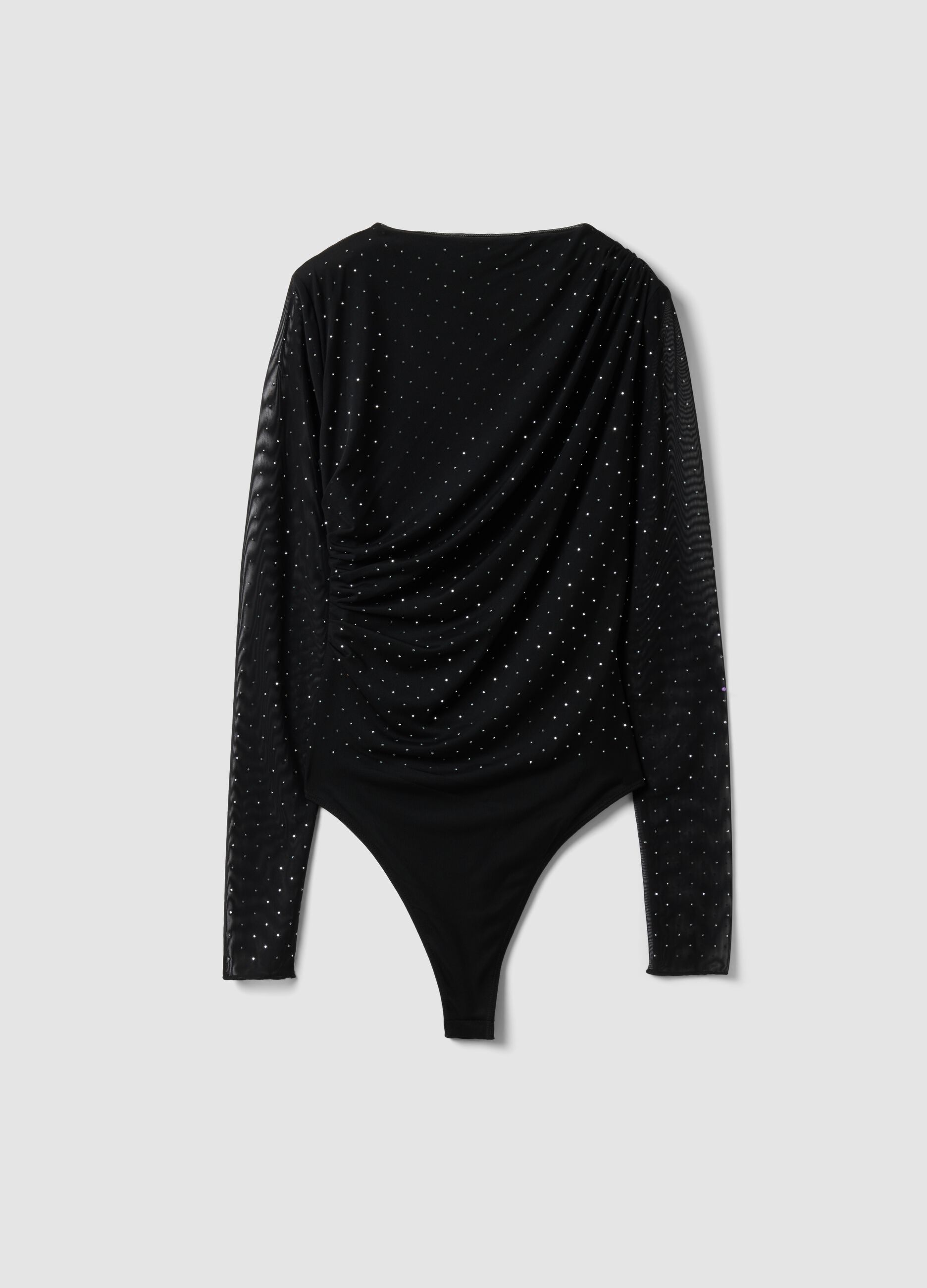 Black stretch-fabric bodysuit with crew neck