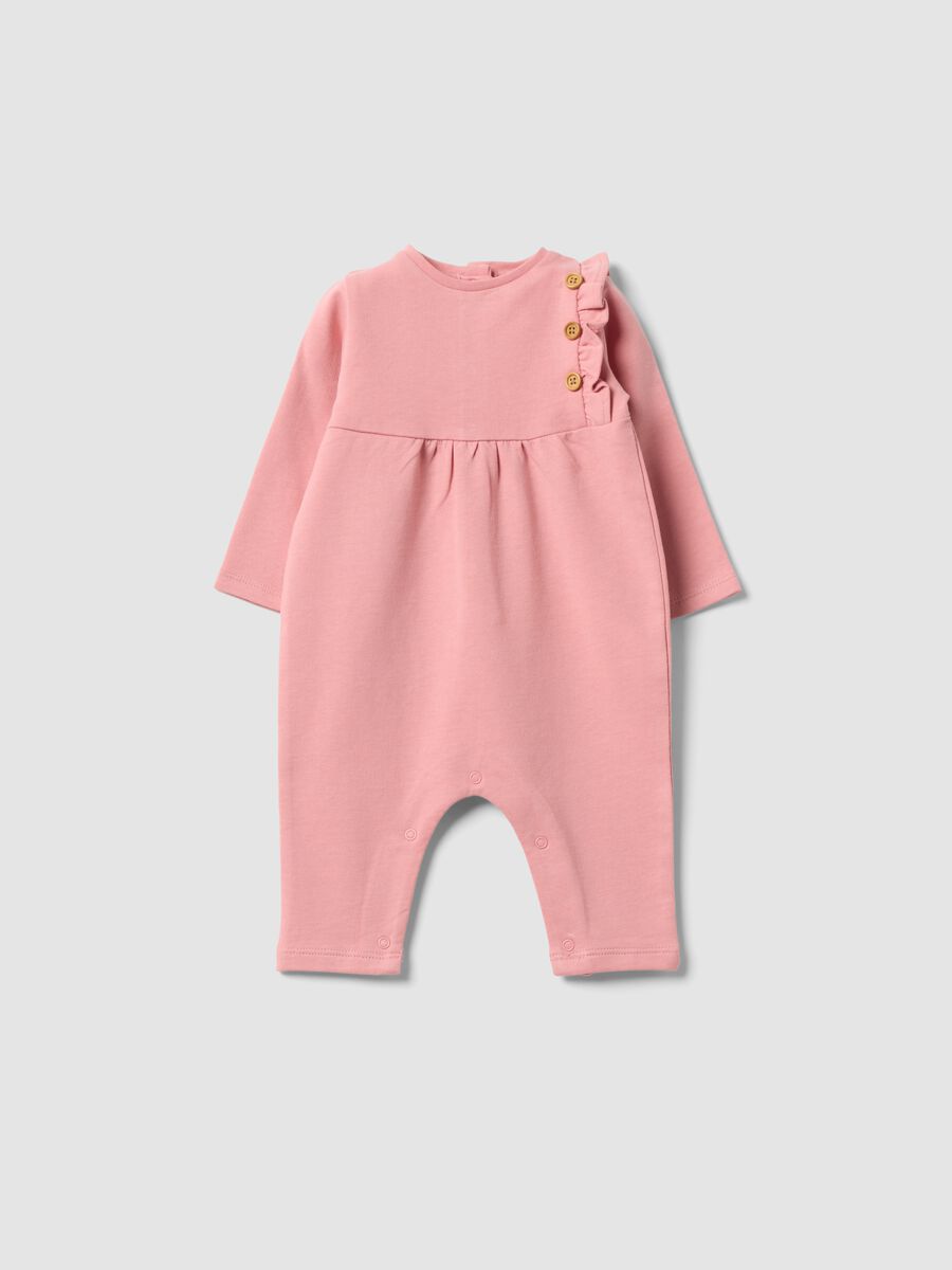 Pink organic cotton romper with ruffle for baby girl_0
