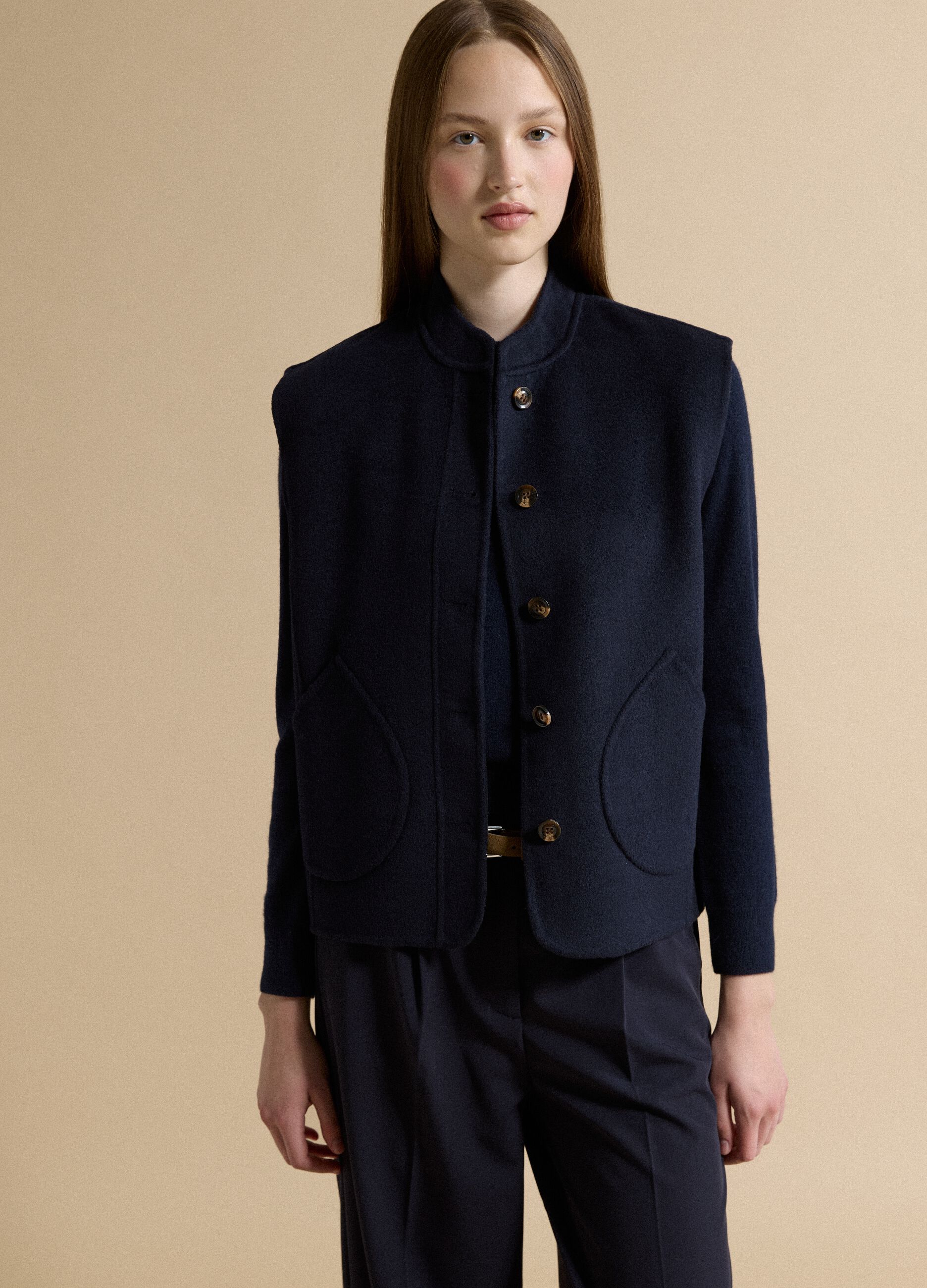 Blue wool-viscose blend gilet with patch pockets