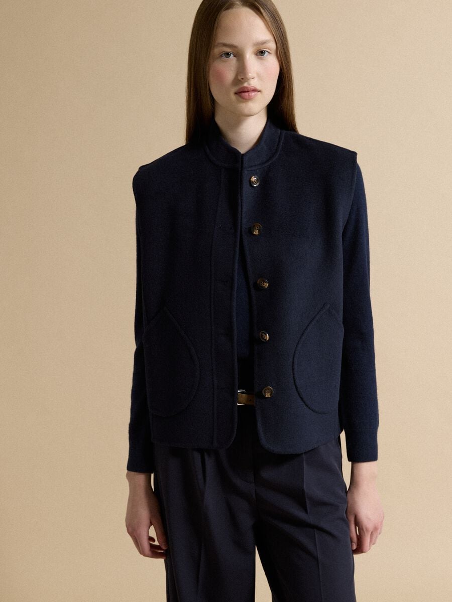 Blue wool-viscose blend gilet with patch pockets_1