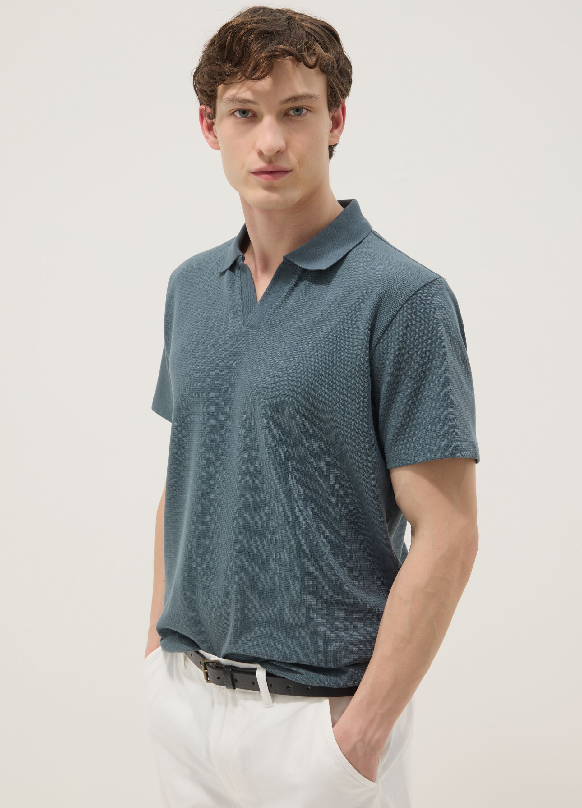 Green stretch cotton short-sleeve polo