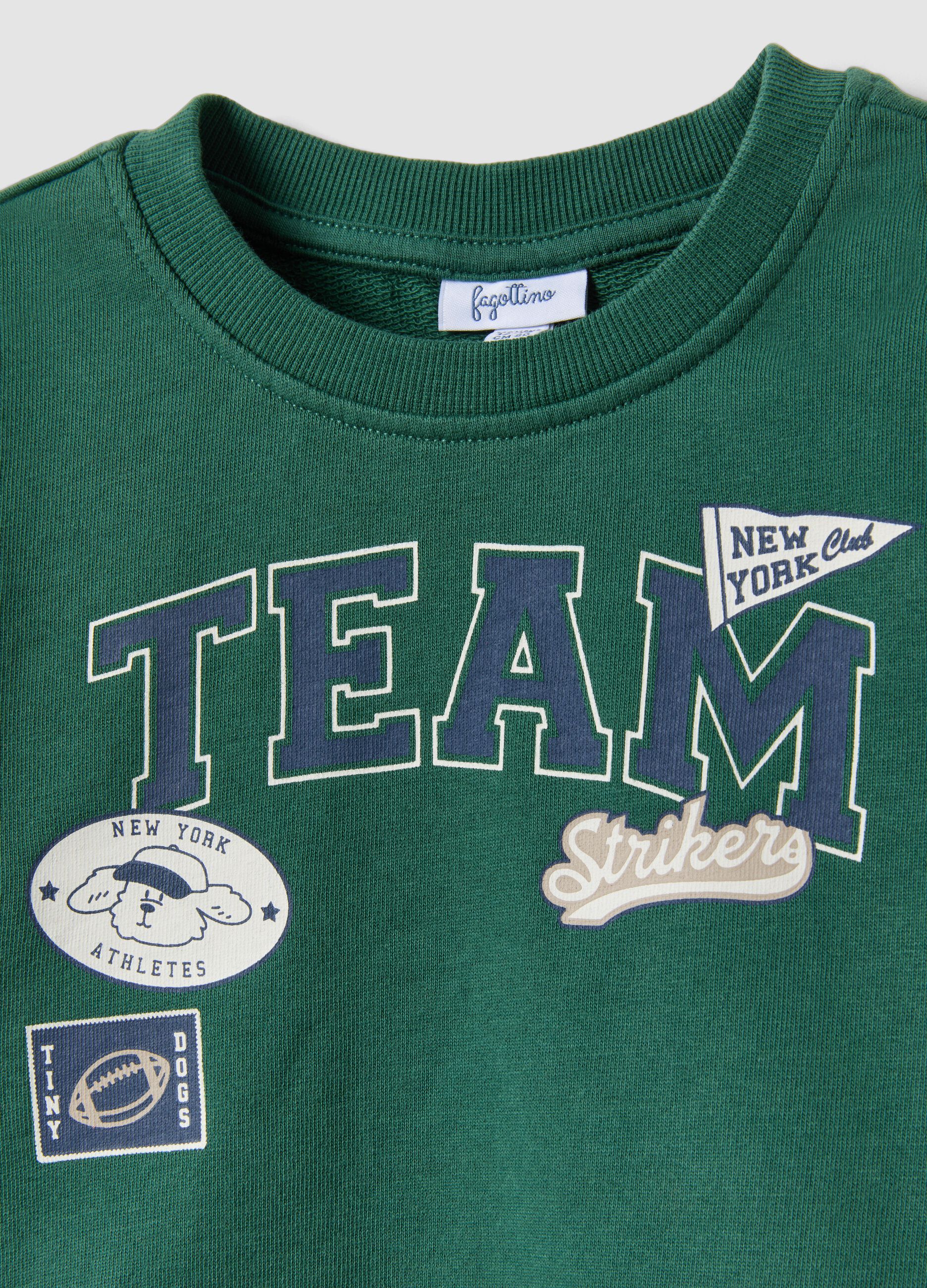 Green pure cotton crew-neck sweatshirt with print for boys, regular fit