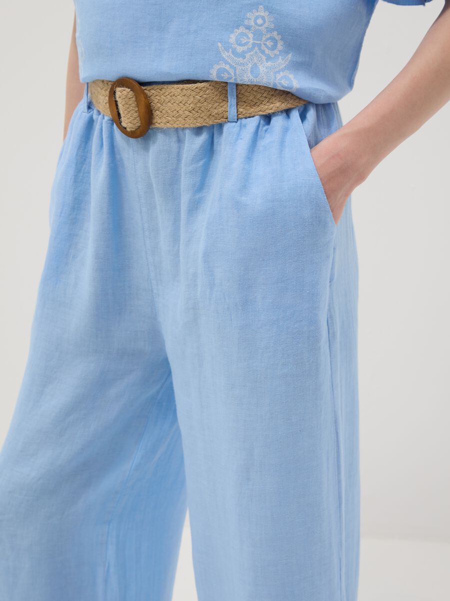 Sky-blue pure linen wide-leg trousers with elasticated waist_3