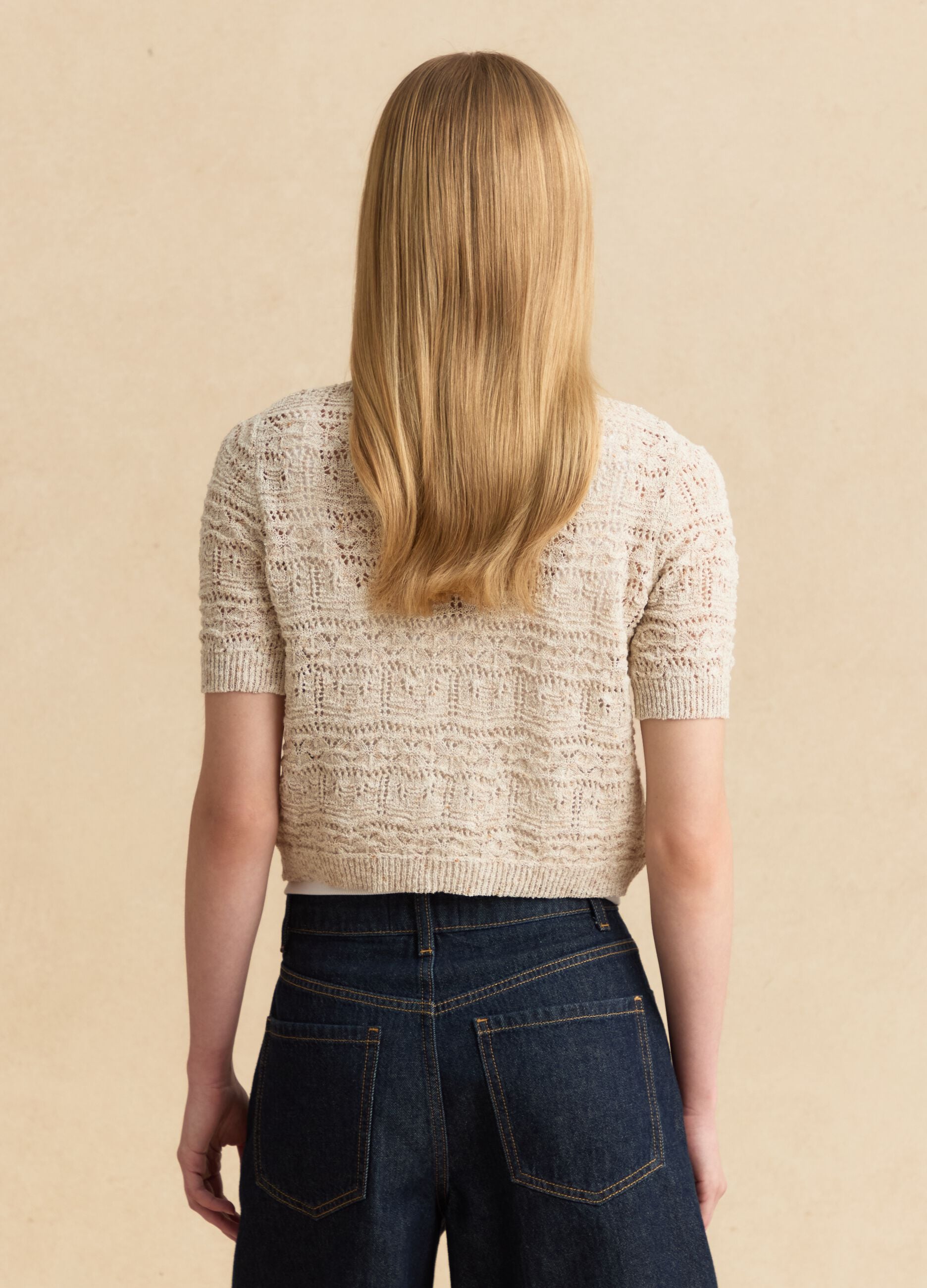 Beige crochet-style cotton and linen blend cardigan with deep V-neck, regular fit