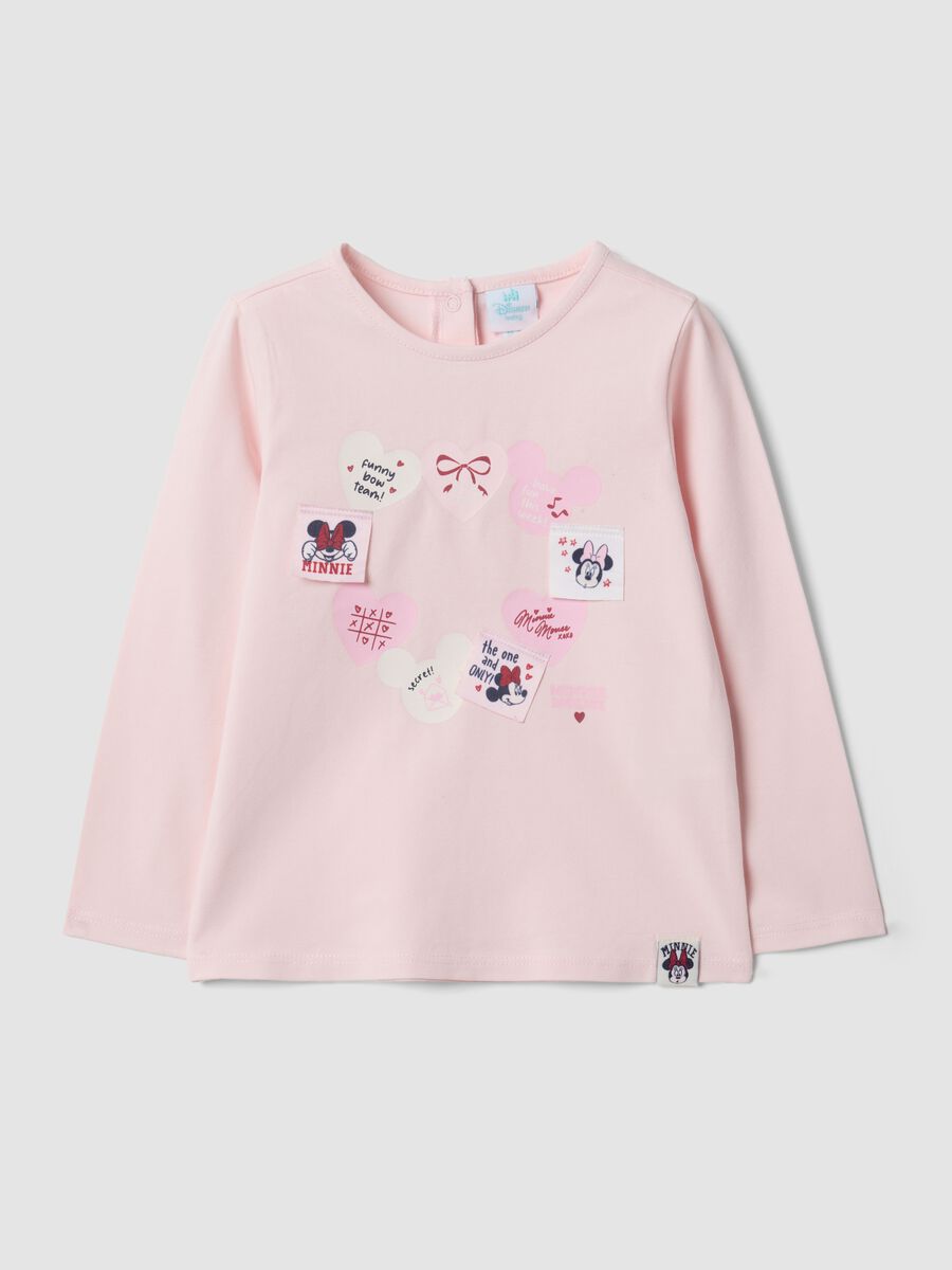 Pink organic stretch cotton T-shirt with Minnie prints for baby girl_0