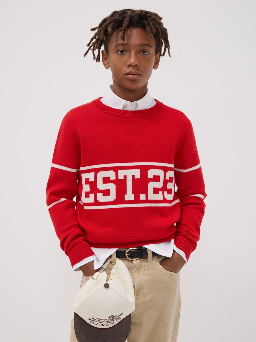Maglione rosso in misto cotone jacquard girocollo_0