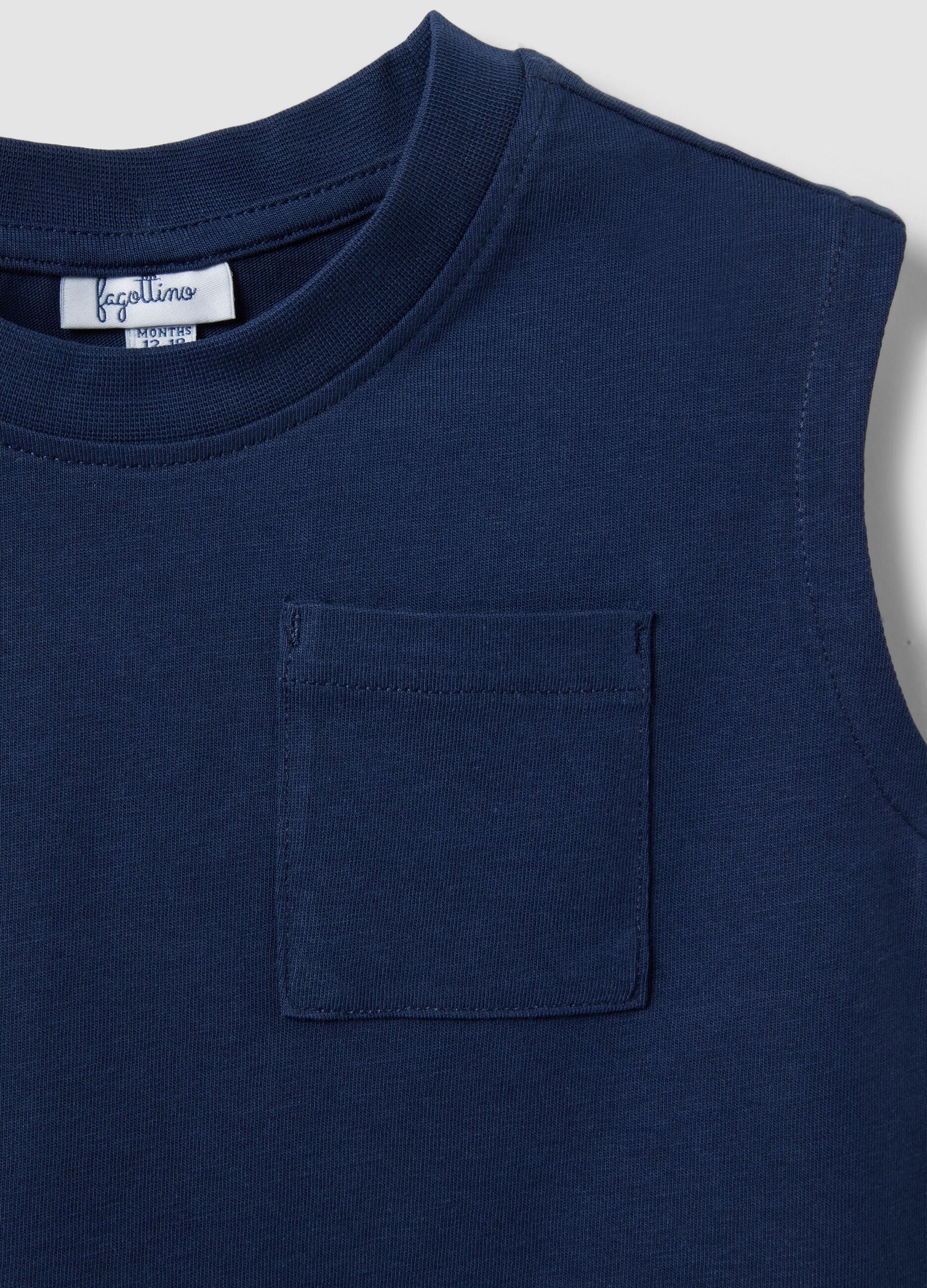 Blue pure cotton regular fit boys' tank top with pocket