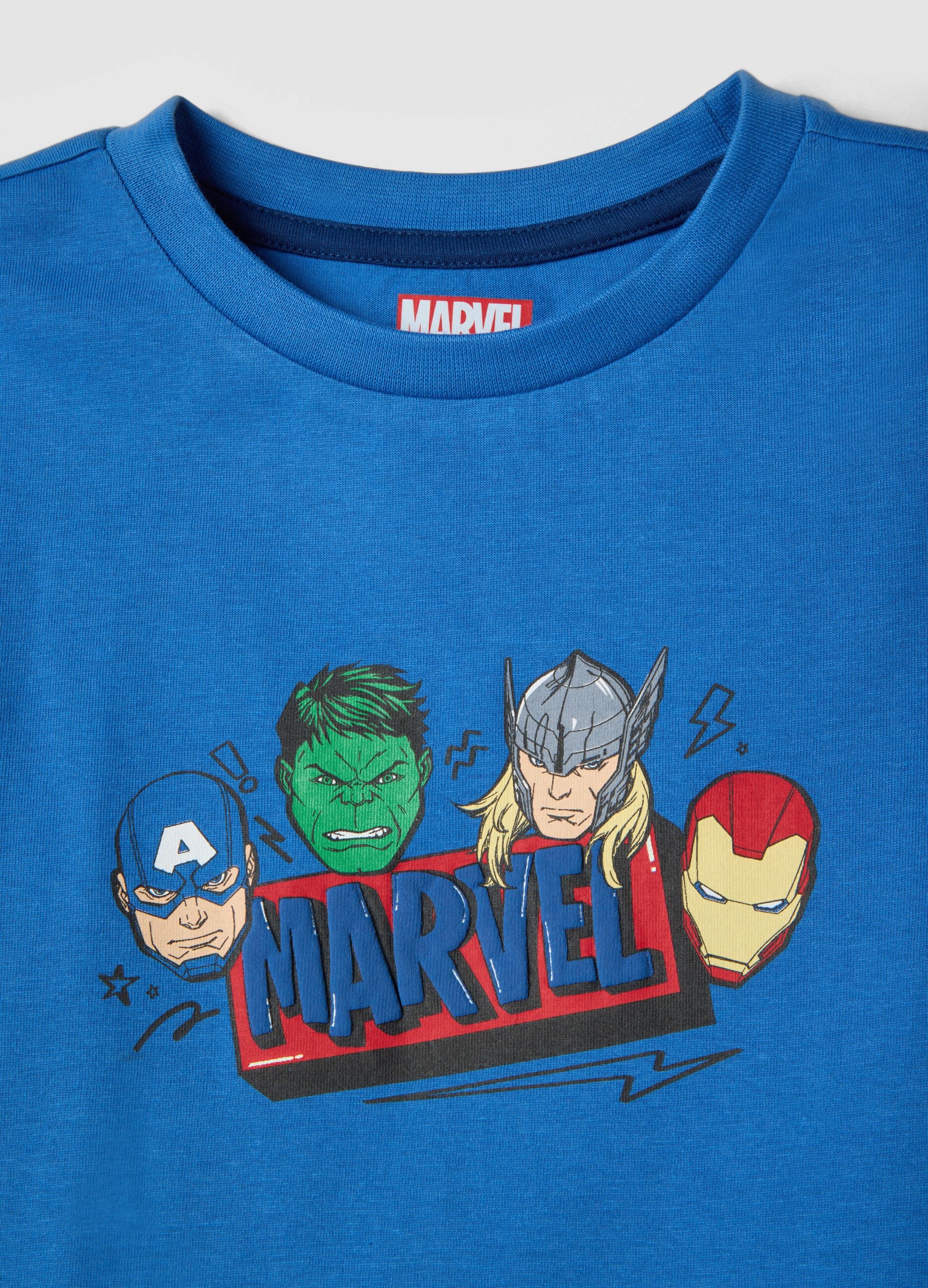 Pigiama corto in puro cotone blu da bambino con stampe Marvel