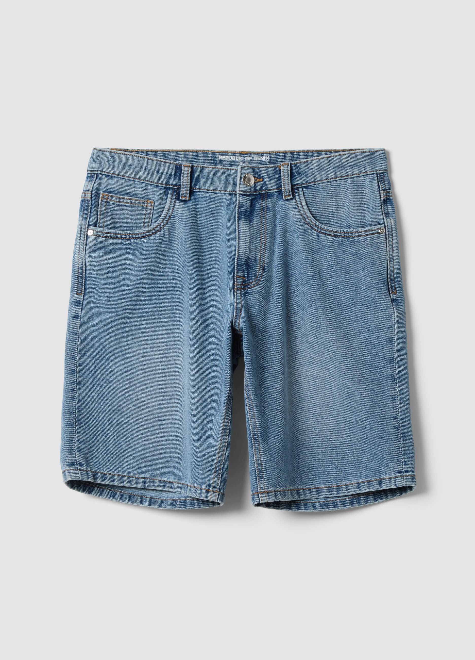 Blue Slim Fit Cotton Blend Denim Shorts