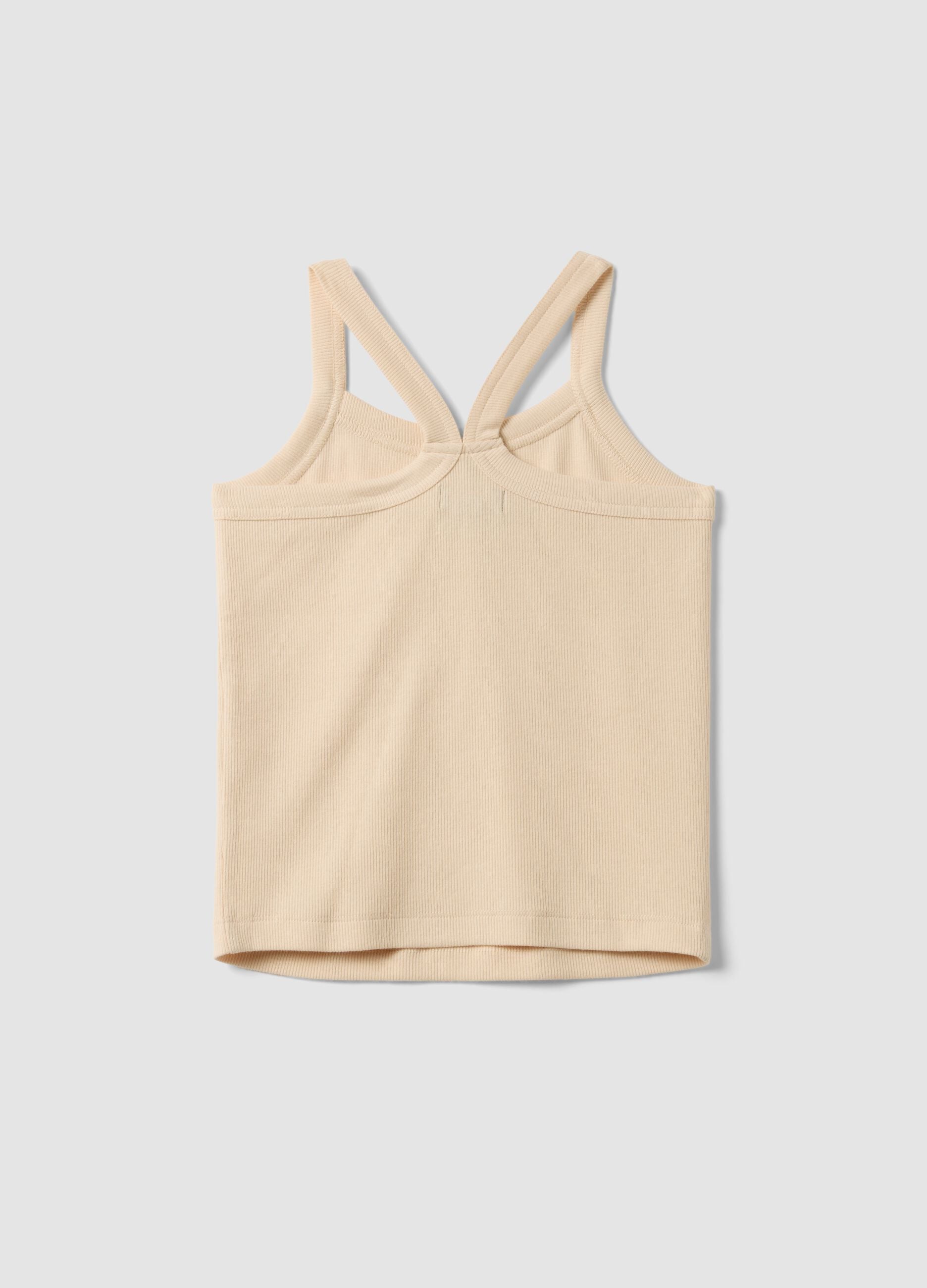 Girls&rsquo; beige ribbed stretch cotton fitted tank top