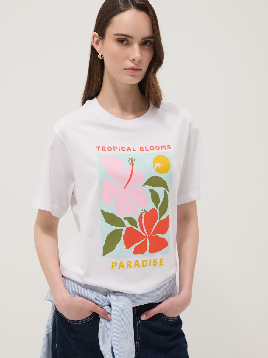 White pure cotton T-shirt with floral print, regular fit_0