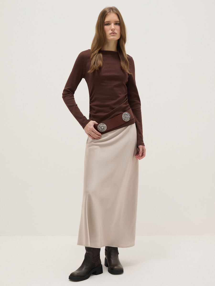 Beige satin skirt with regular fit and elastic waist_0