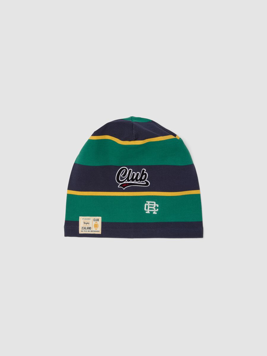 Multicolour striped stretch cotton hat with &lsquo;Club&rsquo; slogan_0