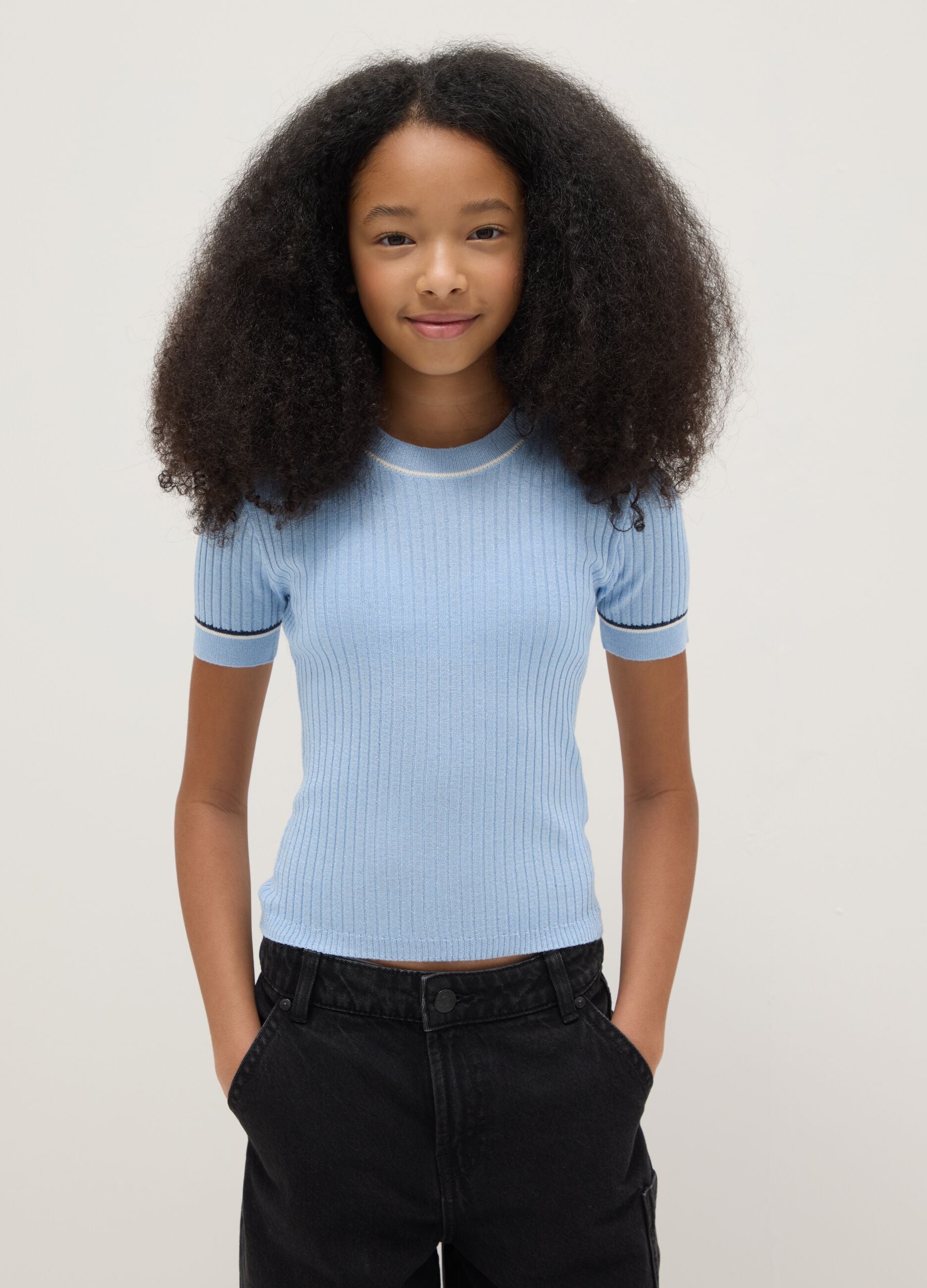 Girl's slim fit striped light blue t-shirt