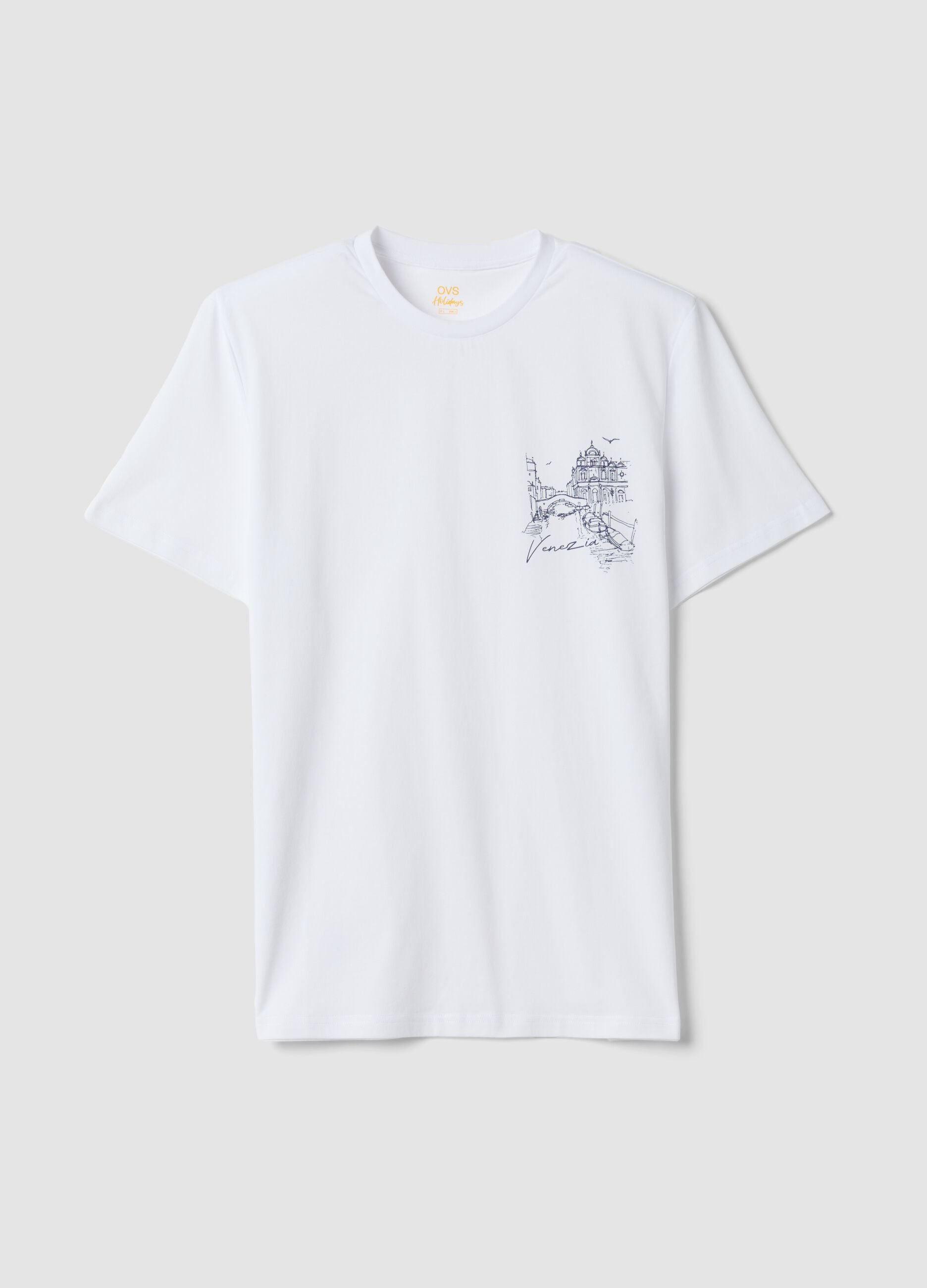 White pure cotton T-shirt with print, regular fit