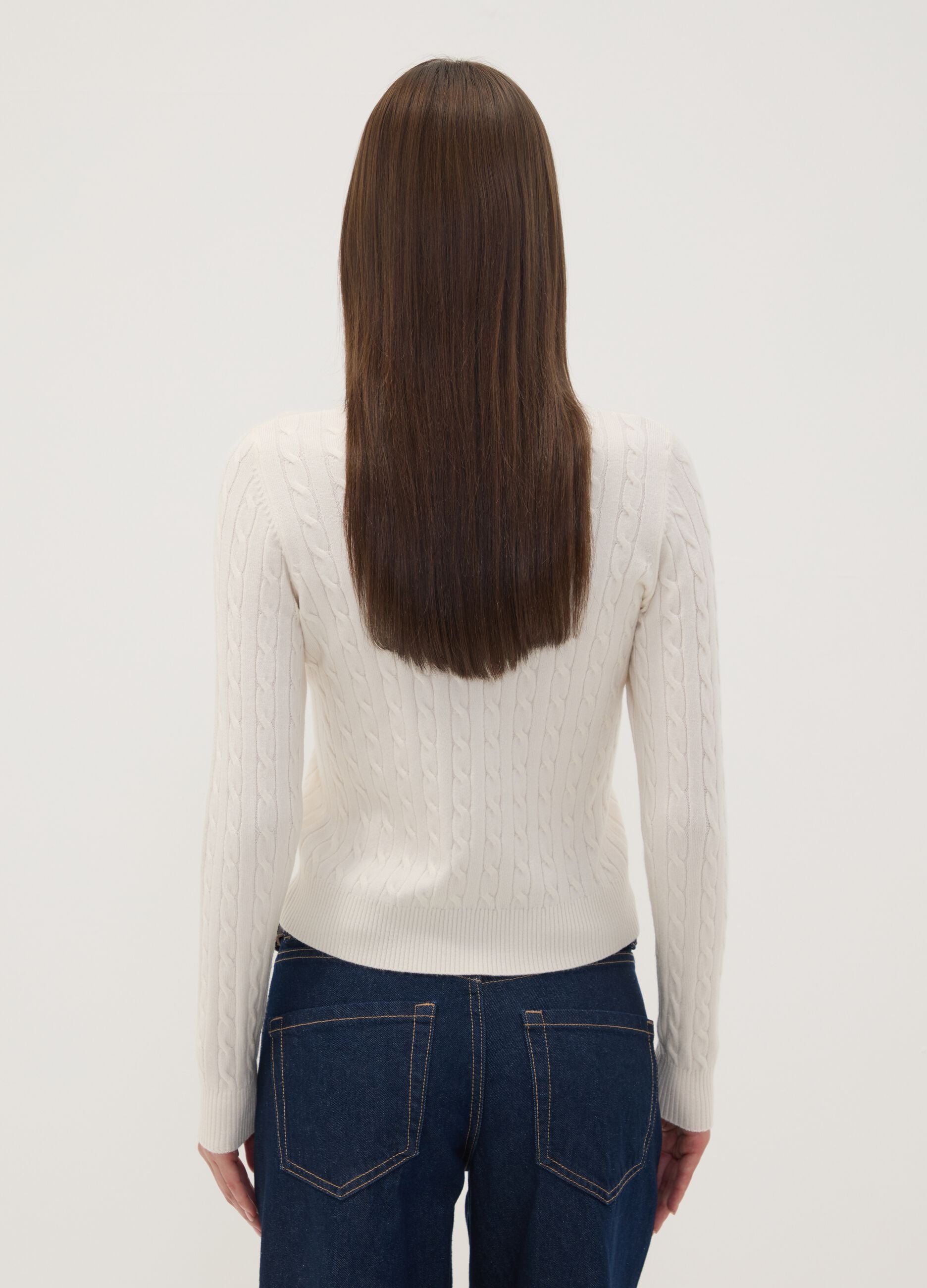 White cable-knit crew-neck jumper, regular fit
