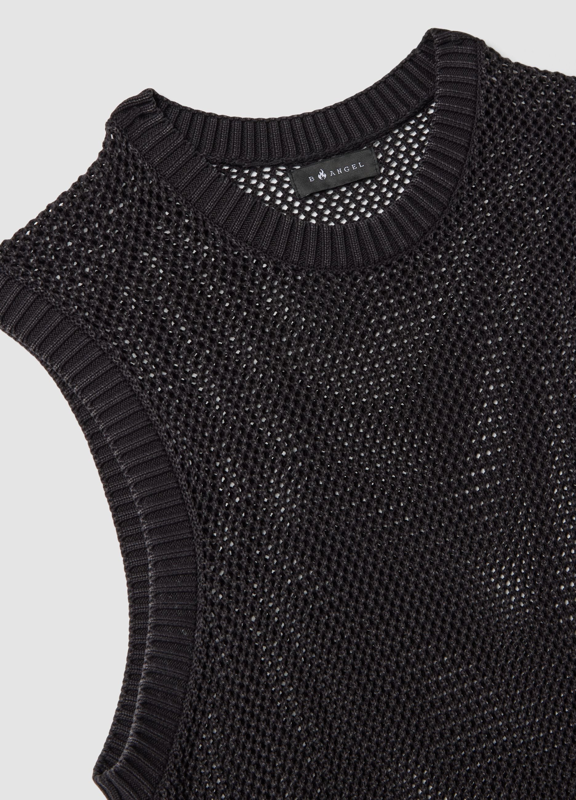Black pure cotton mesh sleeveless top, oversized fit