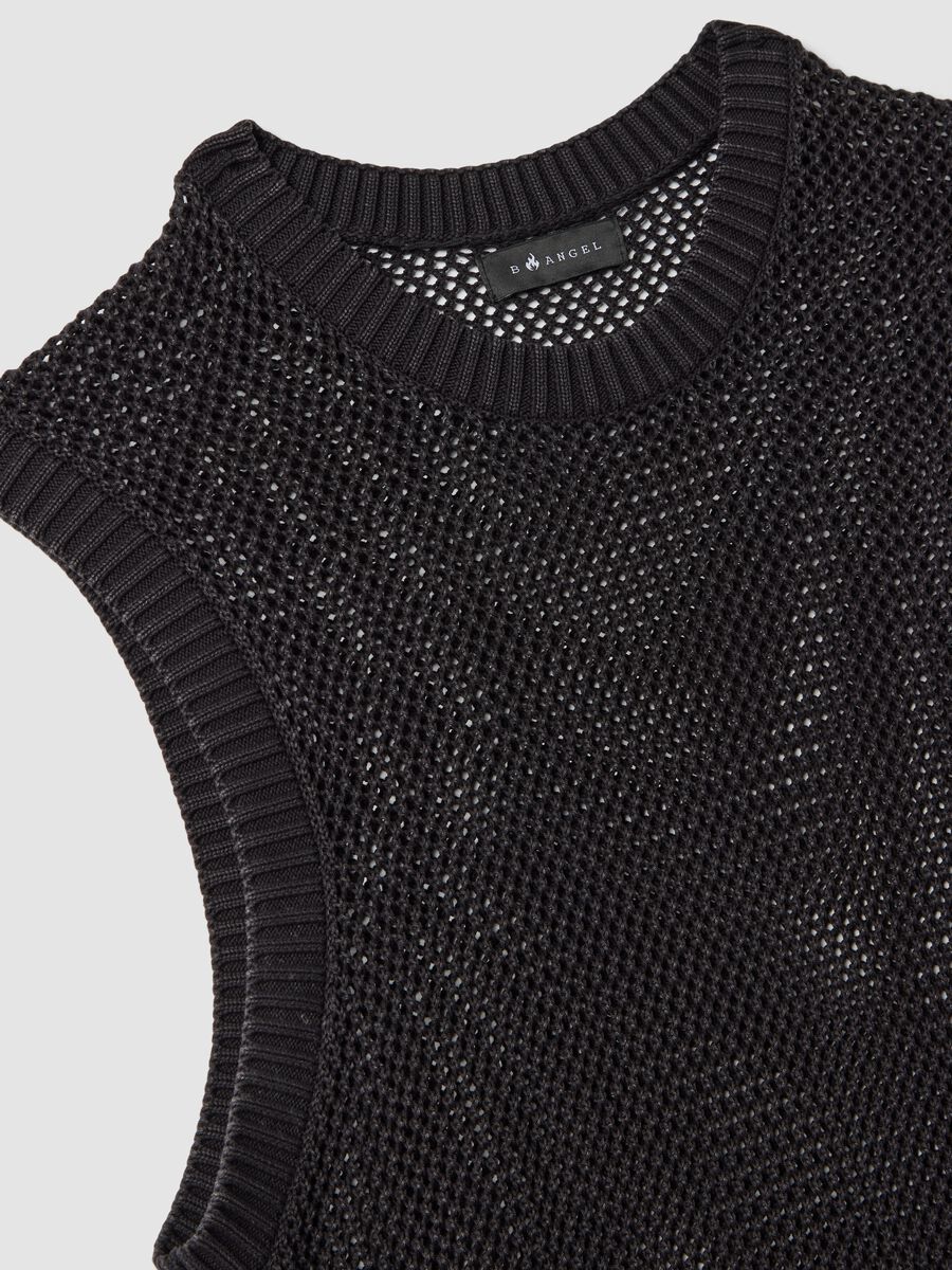 Maglia smanicata nera in puro cotone a rete over fit_6